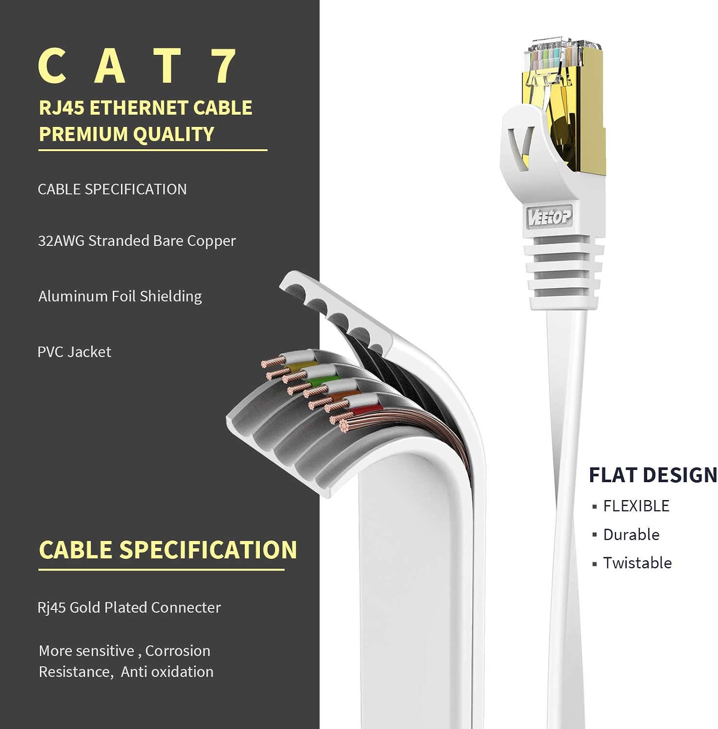 Thumbnail 3 de Veetop CAT7 Flat Ethernet Cable 25m (82ft) with STP Copper Wires and Gold Plated Connectors