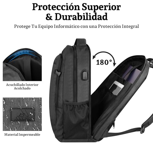 Thumbnail 1 de ANNMOR Mochila portátil 15,6–17,3" con puerto USB y apertura 180° tipo maleta, negro
