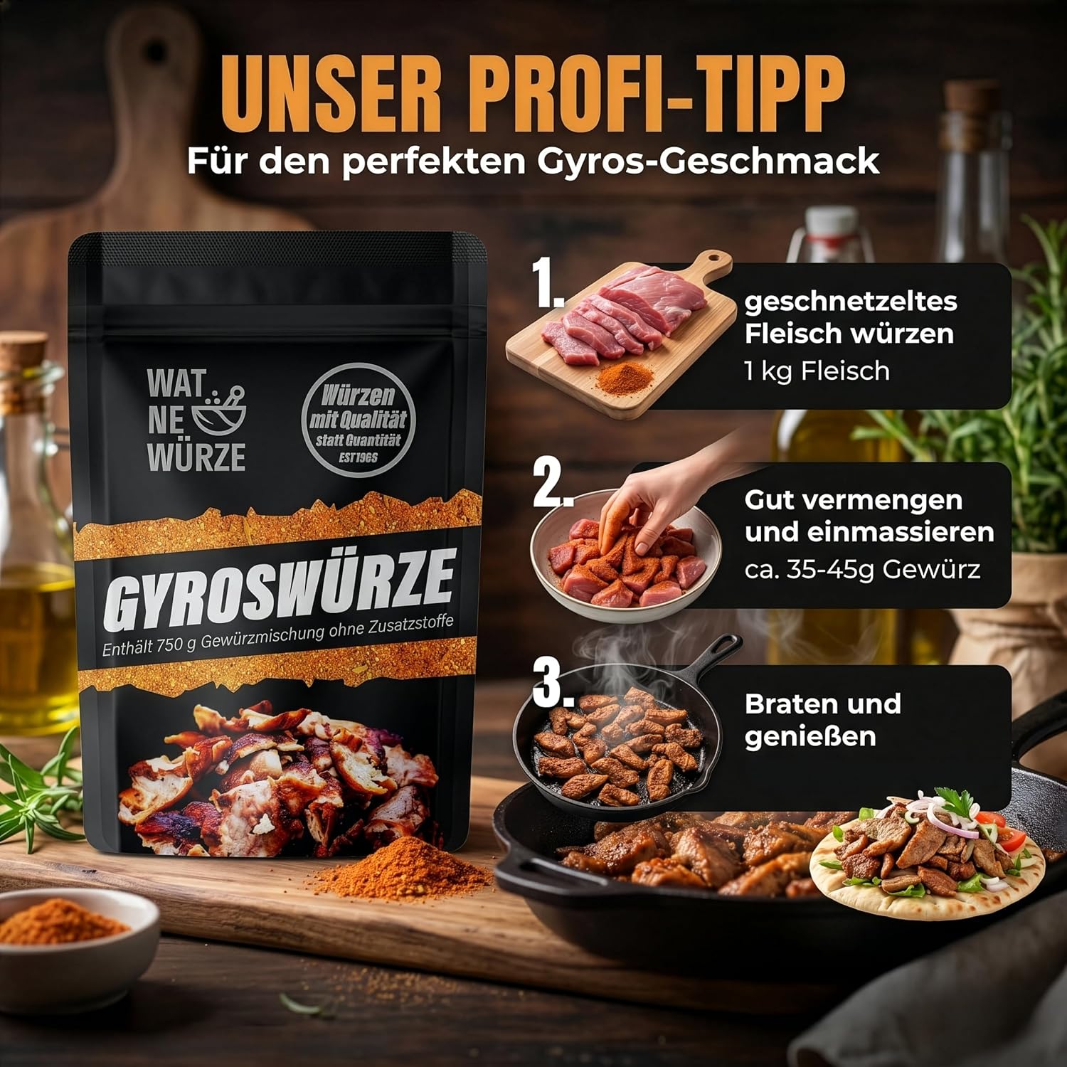 Detalle de WAT NE WÜRZE Gyrosgewürz 250 g – Griechische Gewürze für Gyros, Souvlaki, Döner und mehr