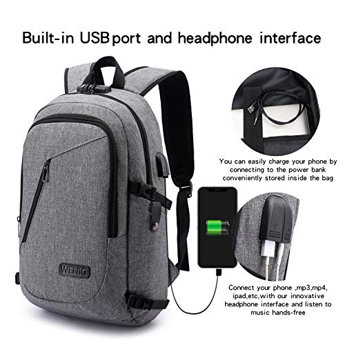 Detalle de WENIG Sac à Dos Anti-Vol 15.6 Pouces — Étanche, USB Charging Port et Organisation Optimale pour Bureau/Voyage