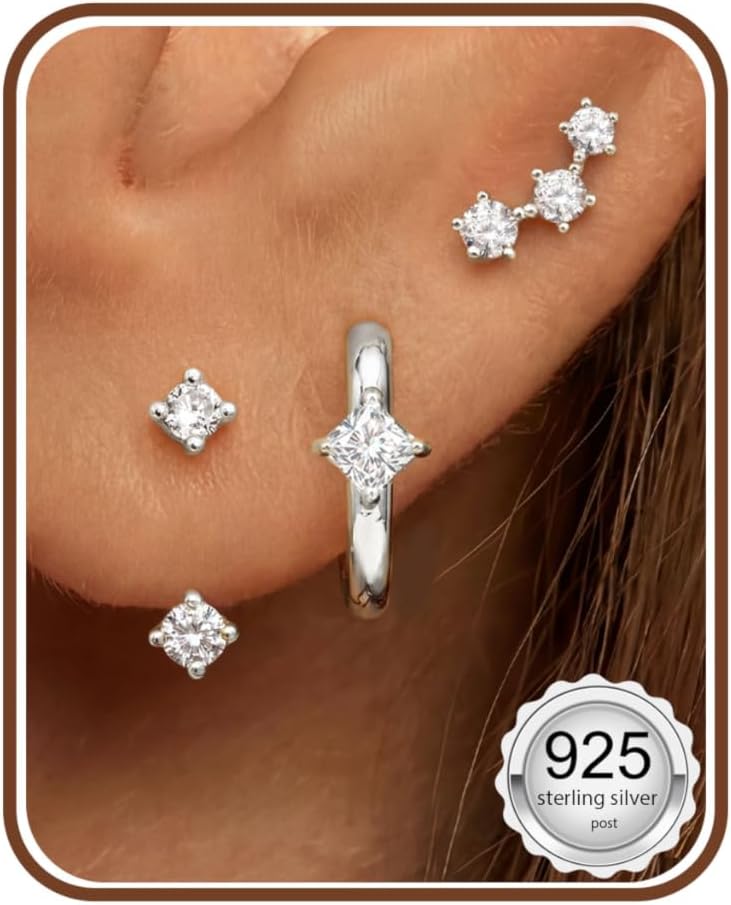 Detalle de JeweBella 3er-Set Ohrringe aus Sterlingsilber 925: Ohrstecker & Creolen mit Zirkonia (vergoldet) für Damen