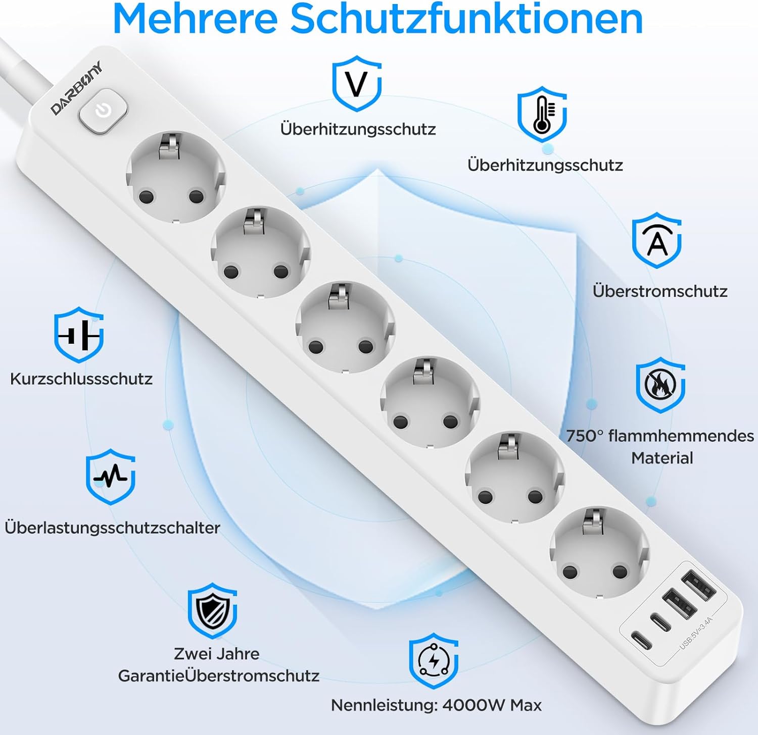 Thumbnail 4 de Steckdosenleiste mit 4 USB (Type‑C & A), 6-fach Mehrfachsteckdose mit Schalter – 3680 W, 16 A, 1,8 m Kabel, Wandmontage (weiß)