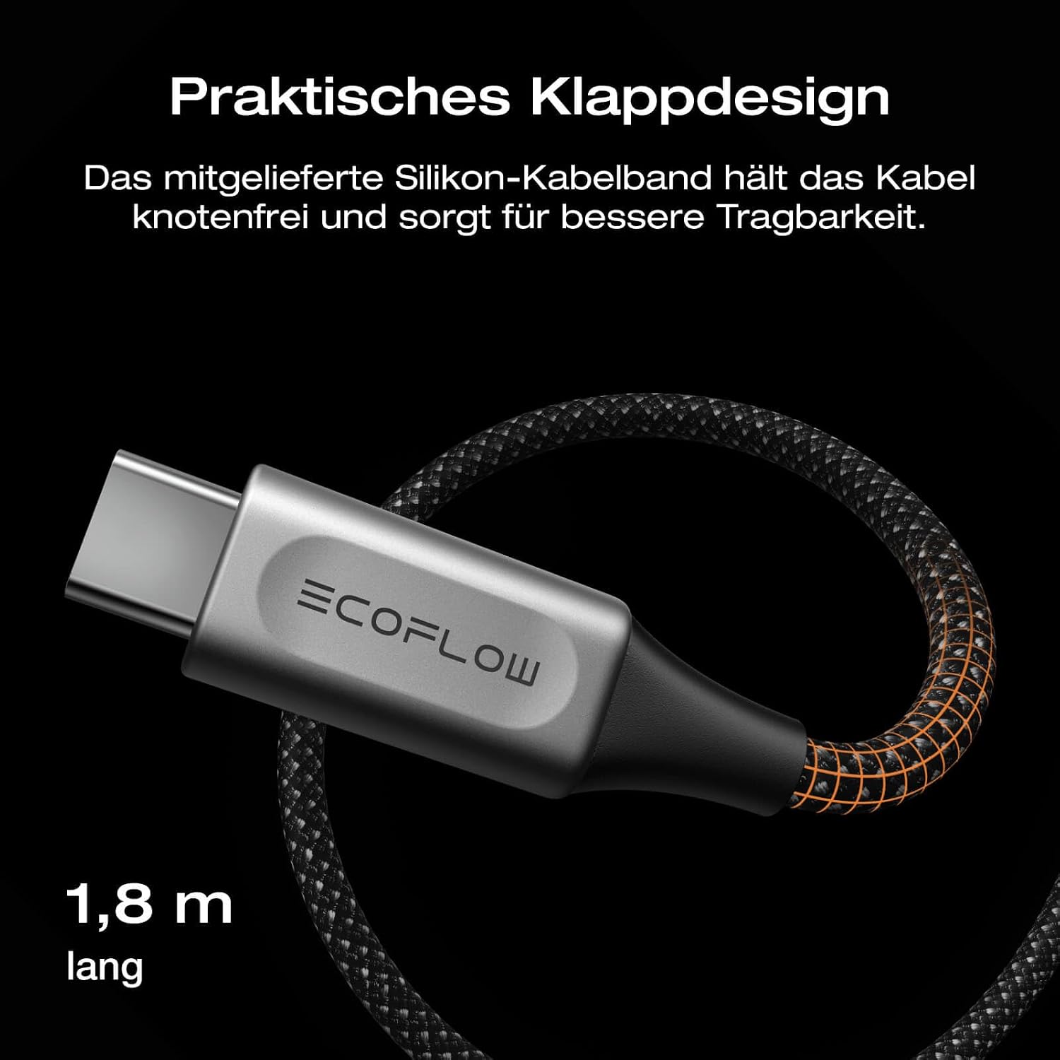 Detalle de EcoFlow RAPID Pro USB-C-auf-USB-C Kabel 240W – Nylon, 1,8 m, robustes 240W-Ladekabel