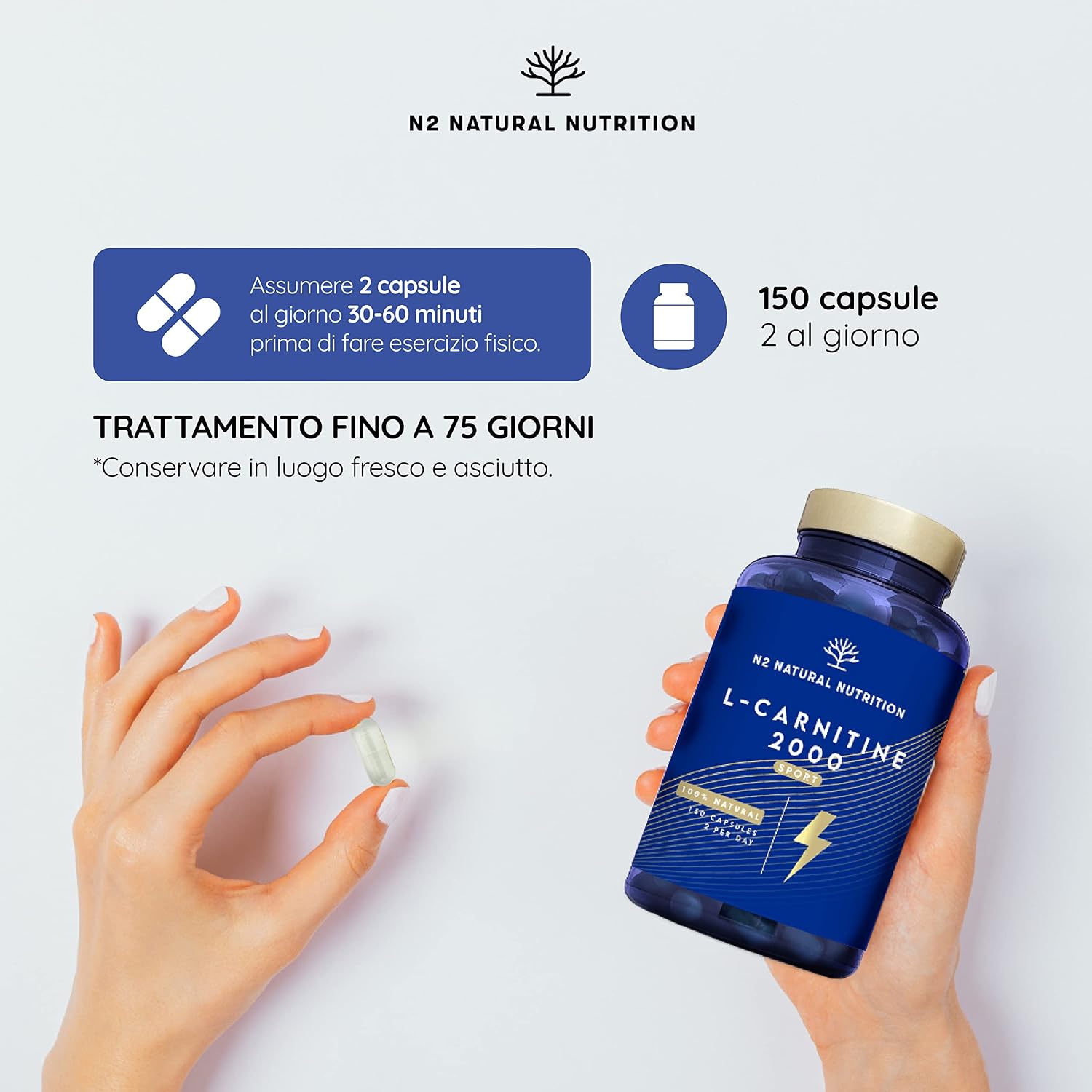 Detalle 2 de L Carnitina 2000 di N2 Natural Nutrition – 150 capsule per 75 giorni: high-dose L-Carnitina tartrato in capsule