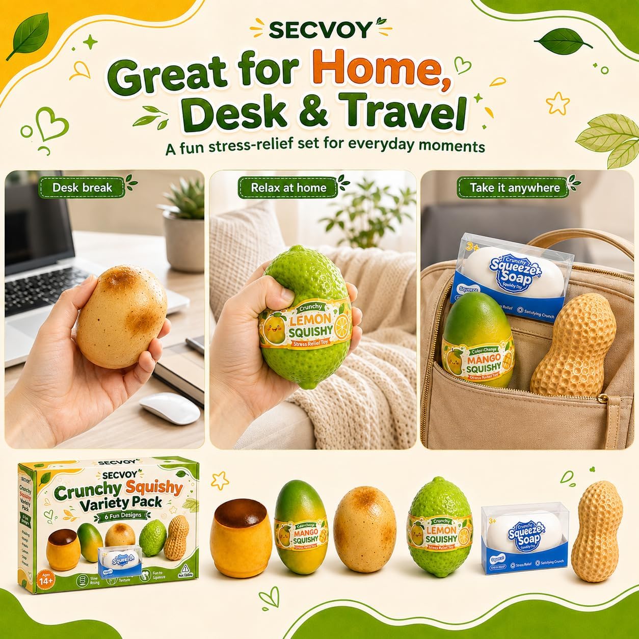 Detalle de SECVOY Crunchy Squishy Set, 6 Slow-Rising Food-Shaped Fidgets