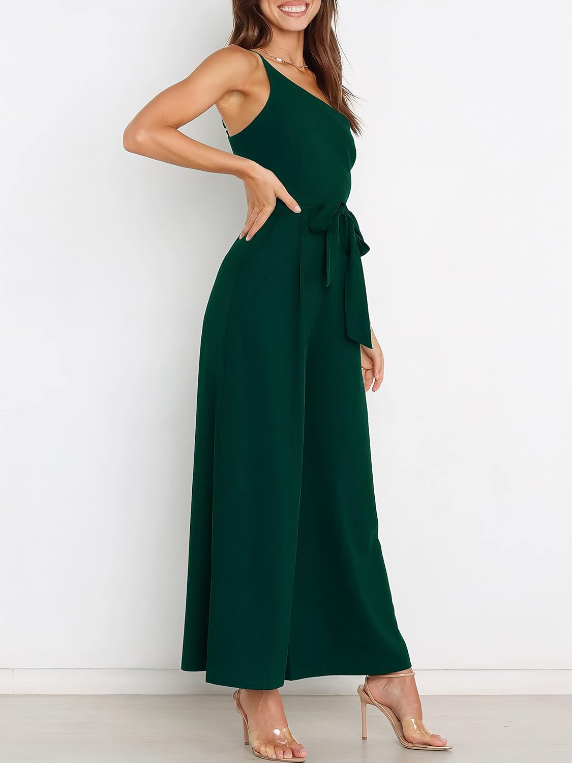 Thumbnail 1 de ANRABESS one-shoulder jumpsuit romper with wide-leg pants and tie-knot waist