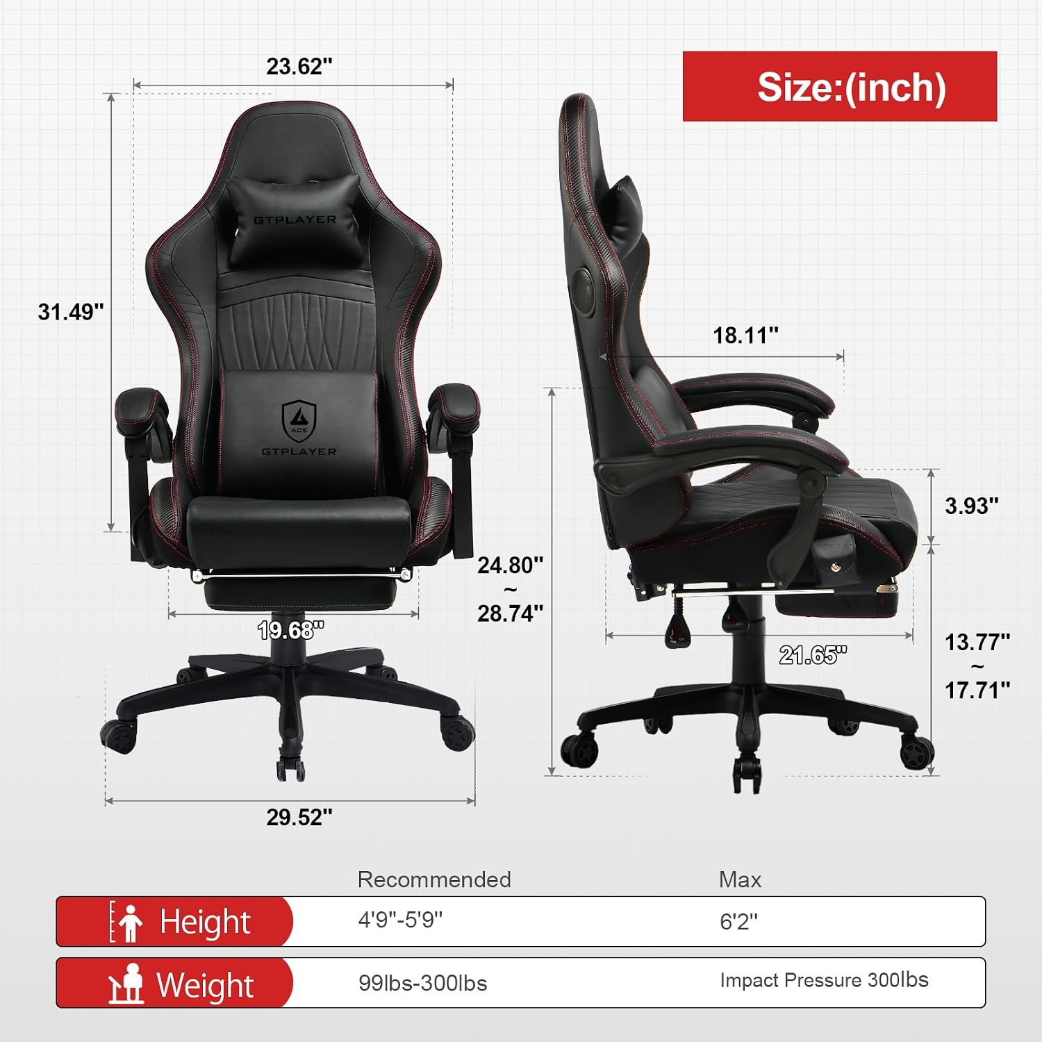 Detalle 2 de GTPLAYER Silla Gaming Ergonómica con Reposapiés 300 kg