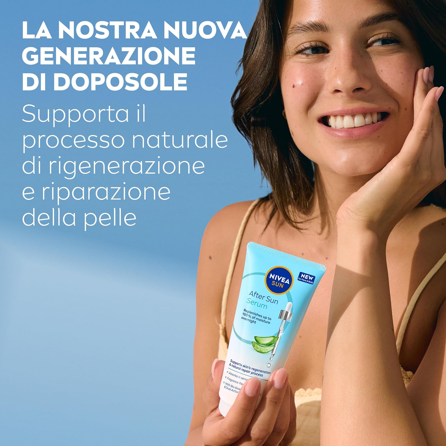 Detalle de NIVEA SUN Siero Doposole 100 ml (viso e corpo) senza profumo, con Aloe Vera Bio, Vitamina E e Acido Ialuronico