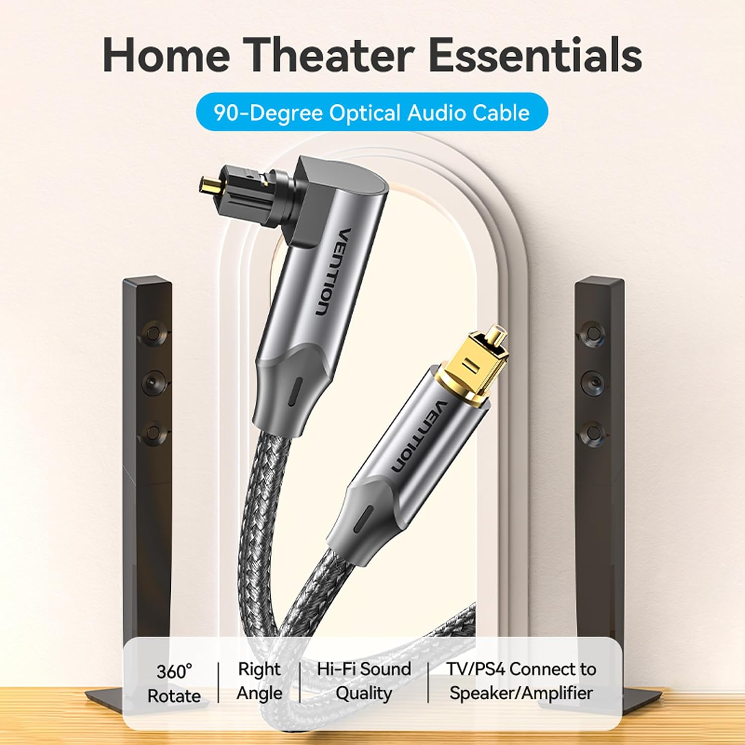 Thumbnail 6 de Vention Optical Audio Cable 1m – 90° right-angle TOSLINK digital lead for TV to soundbar