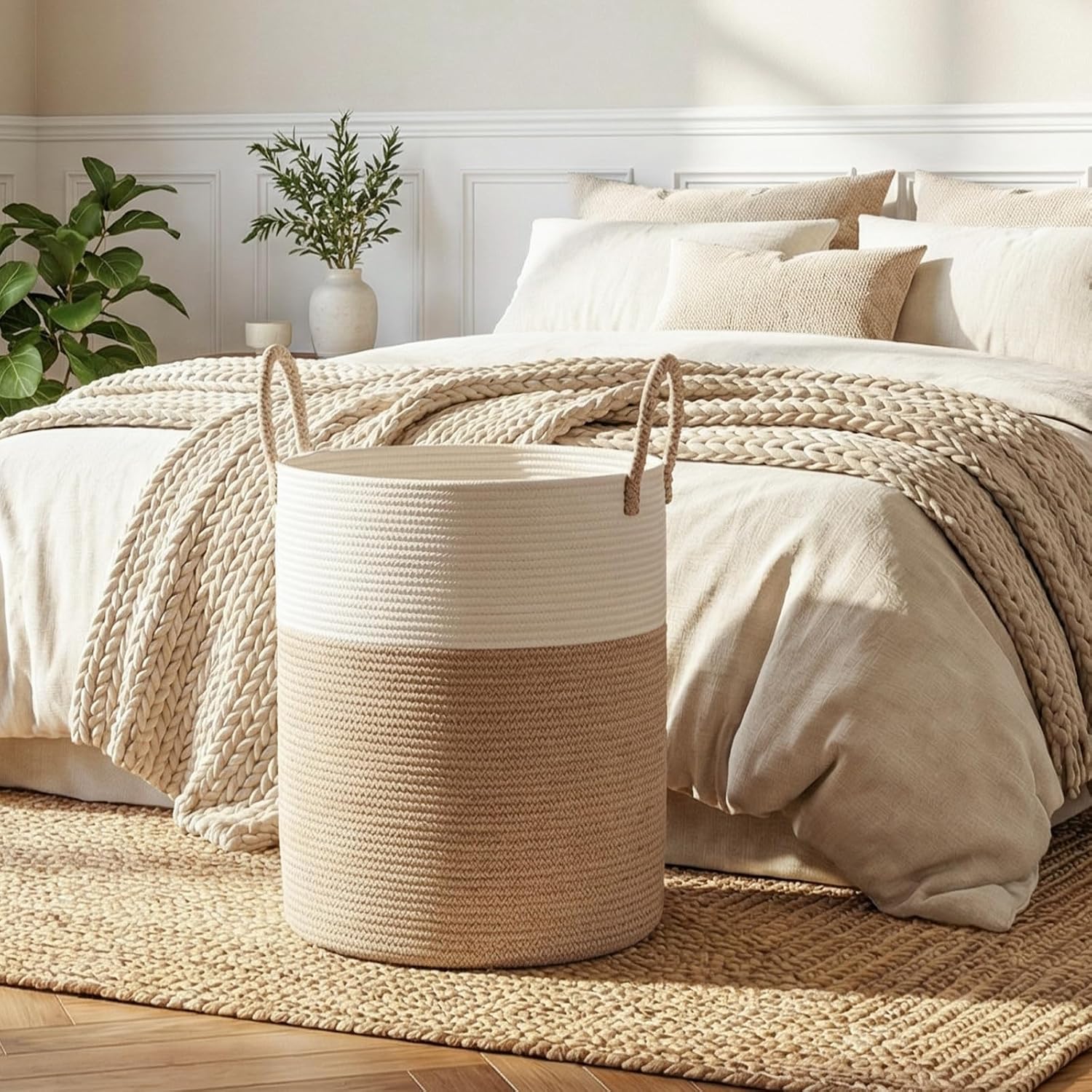 Thumbnail 5 de OIAHOMY 60L Cotton Rope Laundry Hamper, Brown and White, Collapsible