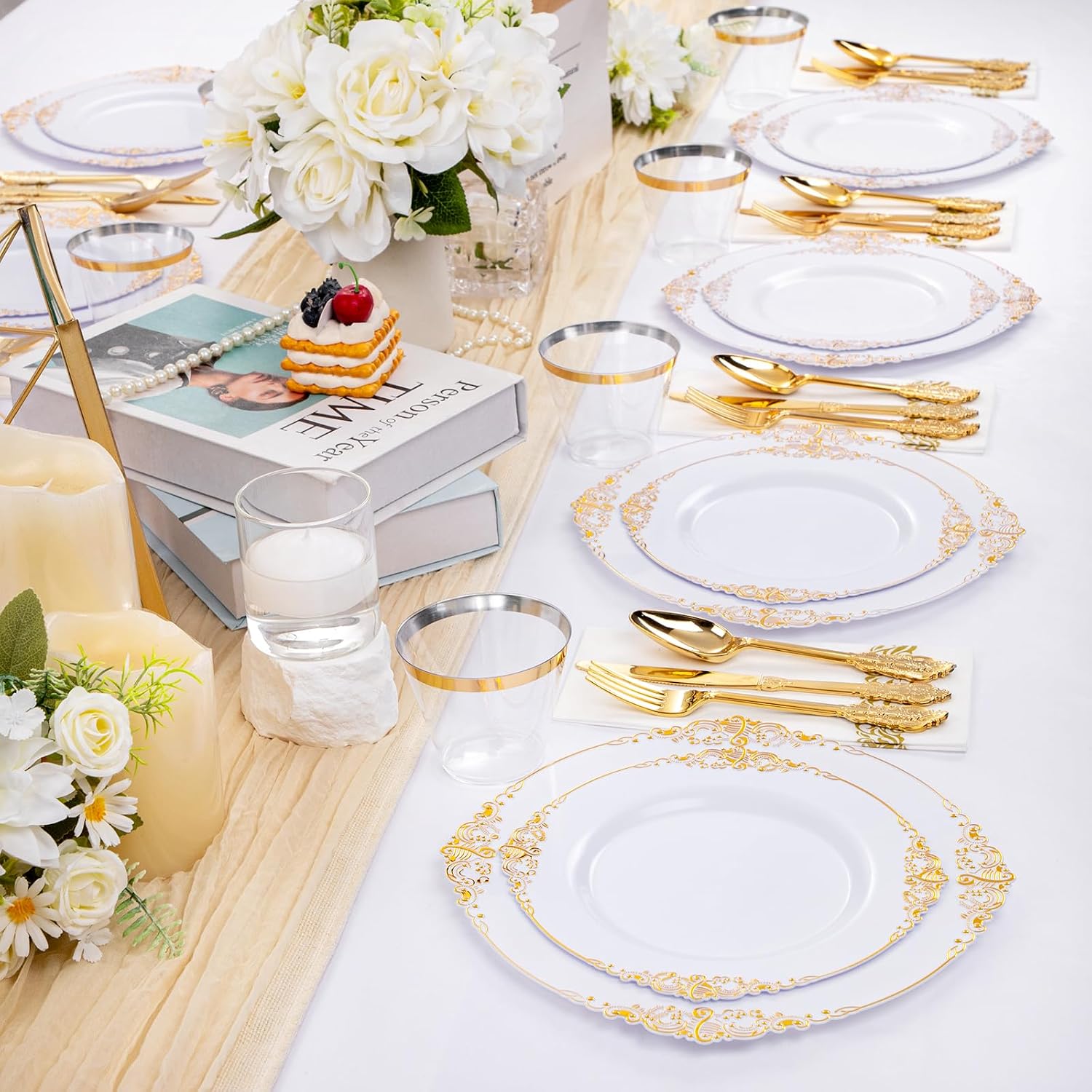 Thumbnail 3 de Hioasis 350pcs White and Gold Baroque Party Plates Set for 50 Guests