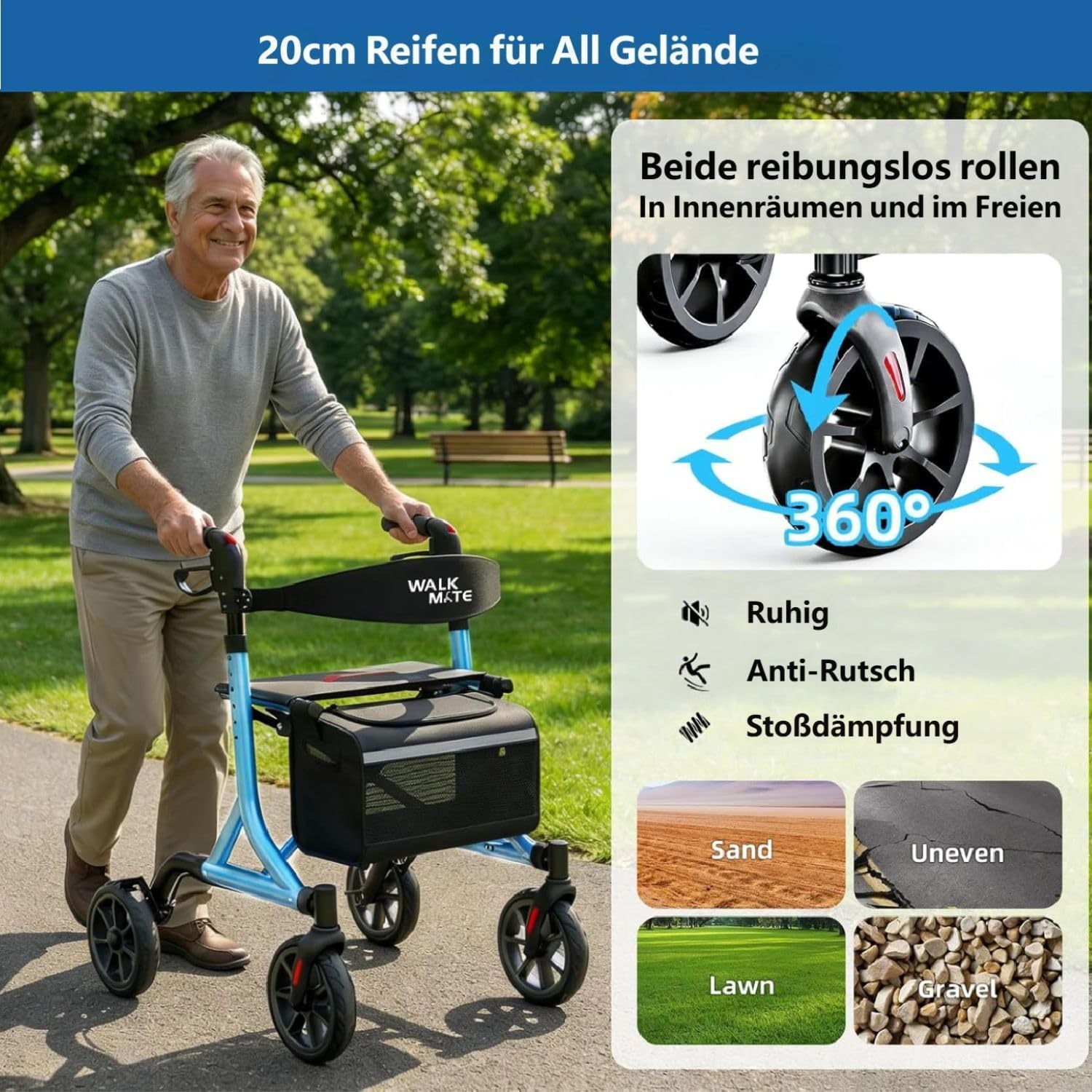 Thumbnail 1 de Walk Mate Rollator – faltbar, leicht mit Sitz, All‑Terrain‑Räder, 6-stufige Höhenverstellung (150–190 cm) und 6,7 kg Gewicht