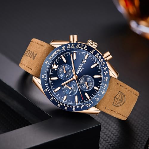 Thumbnail 4 de NIBOSI Reloj de hombre analógico cronógrafo 45 mm — oro rosa/plata, resistencia 3 ATM, cuero cosido a mano
