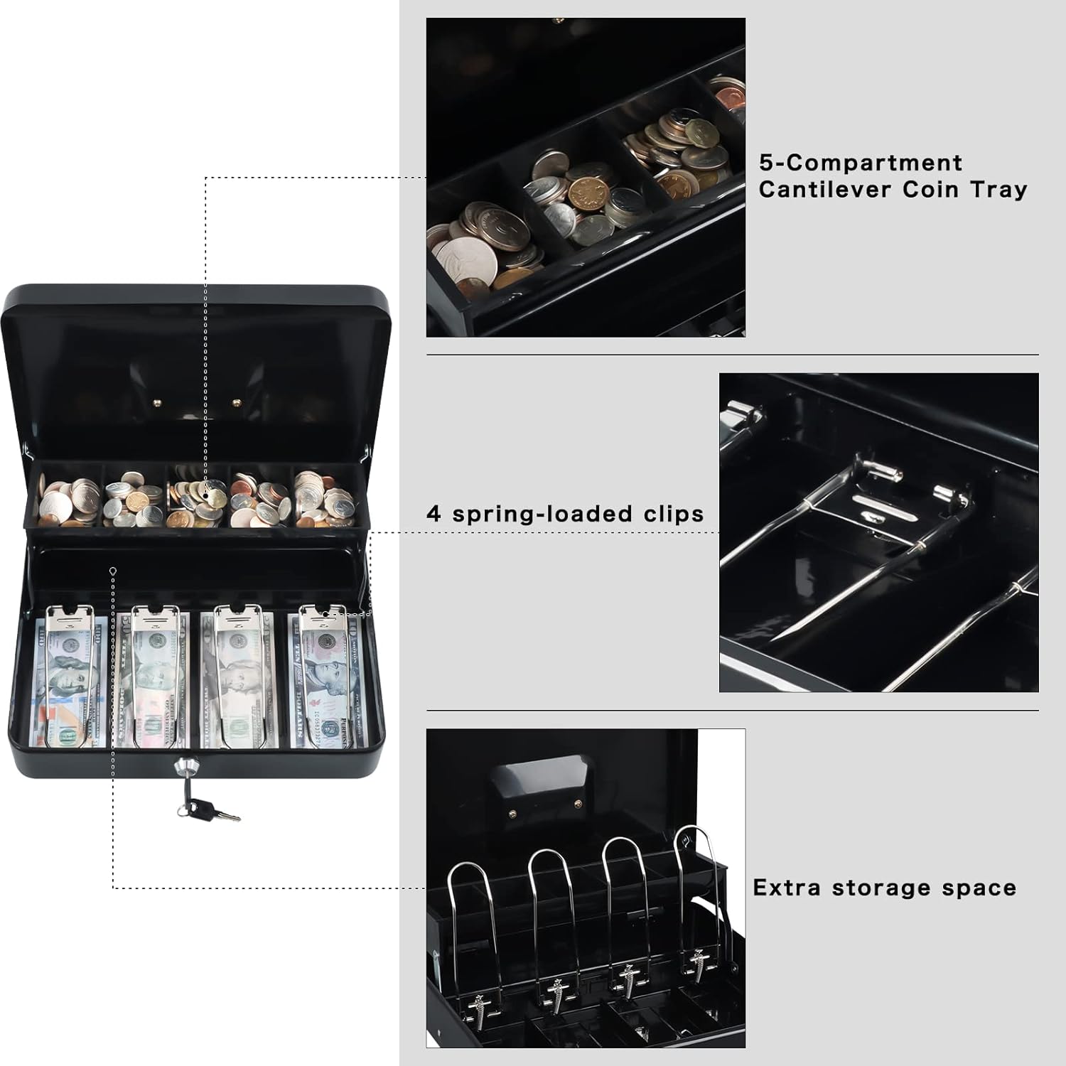 Detalle de xydled XYD-QX-CB-8001 Cash Box, Key Lock, 5-Compartment Tray