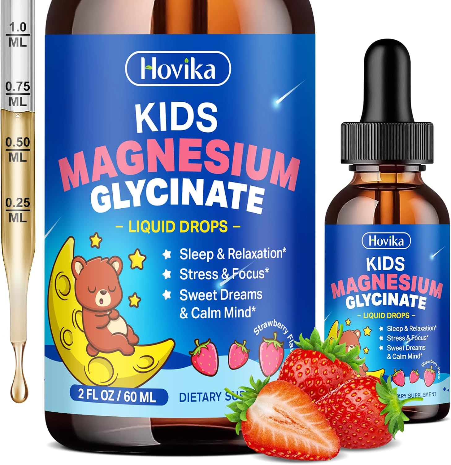 Detalle de Hovika Kids Magnesium Glycinate Liquid Drops with L-Theanine, Omega-3 & Strawberry Flavor