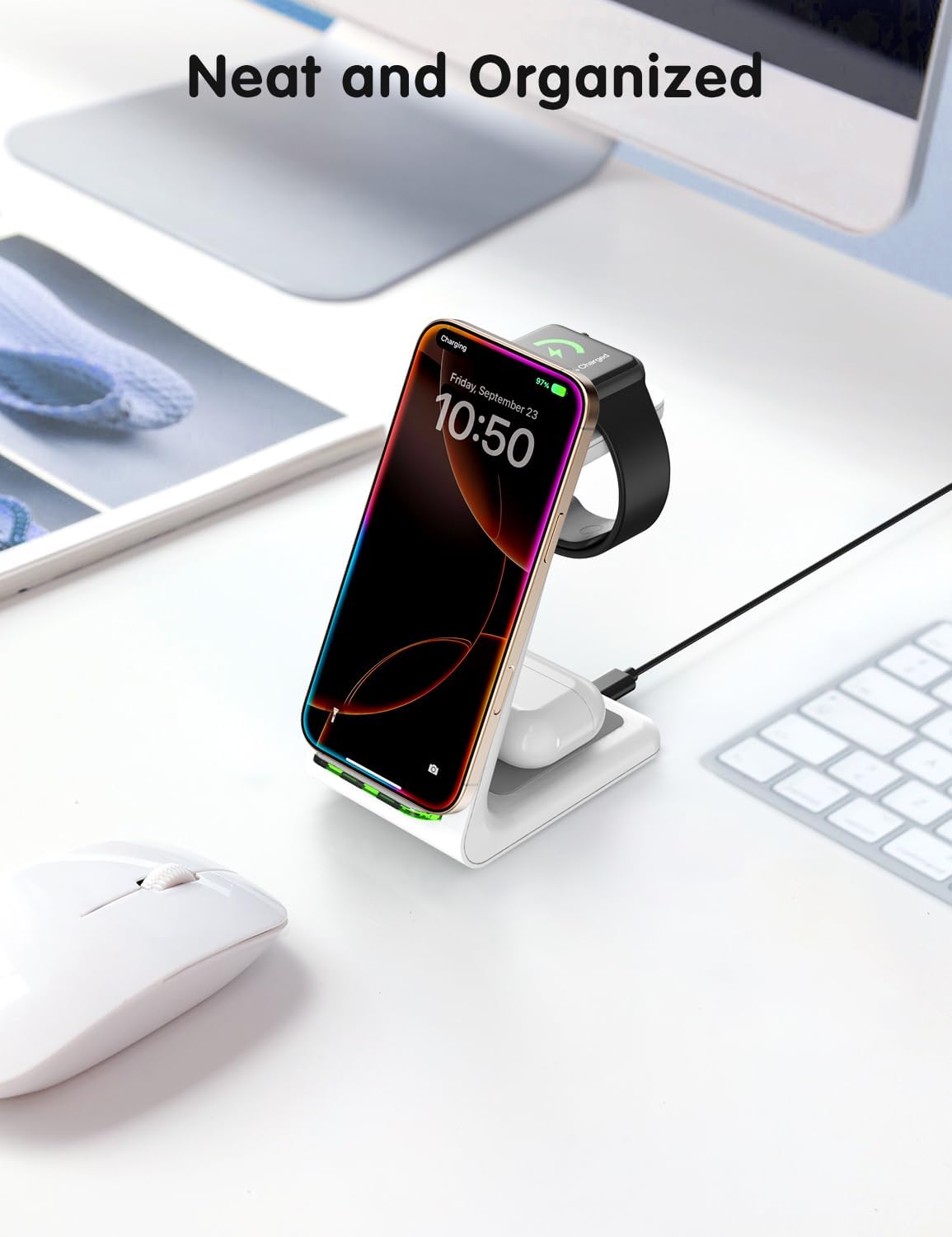 Detalle de JoyGeek 3-in-1 Wireless Charging Station for iPhone, Apple Watch & AirPods