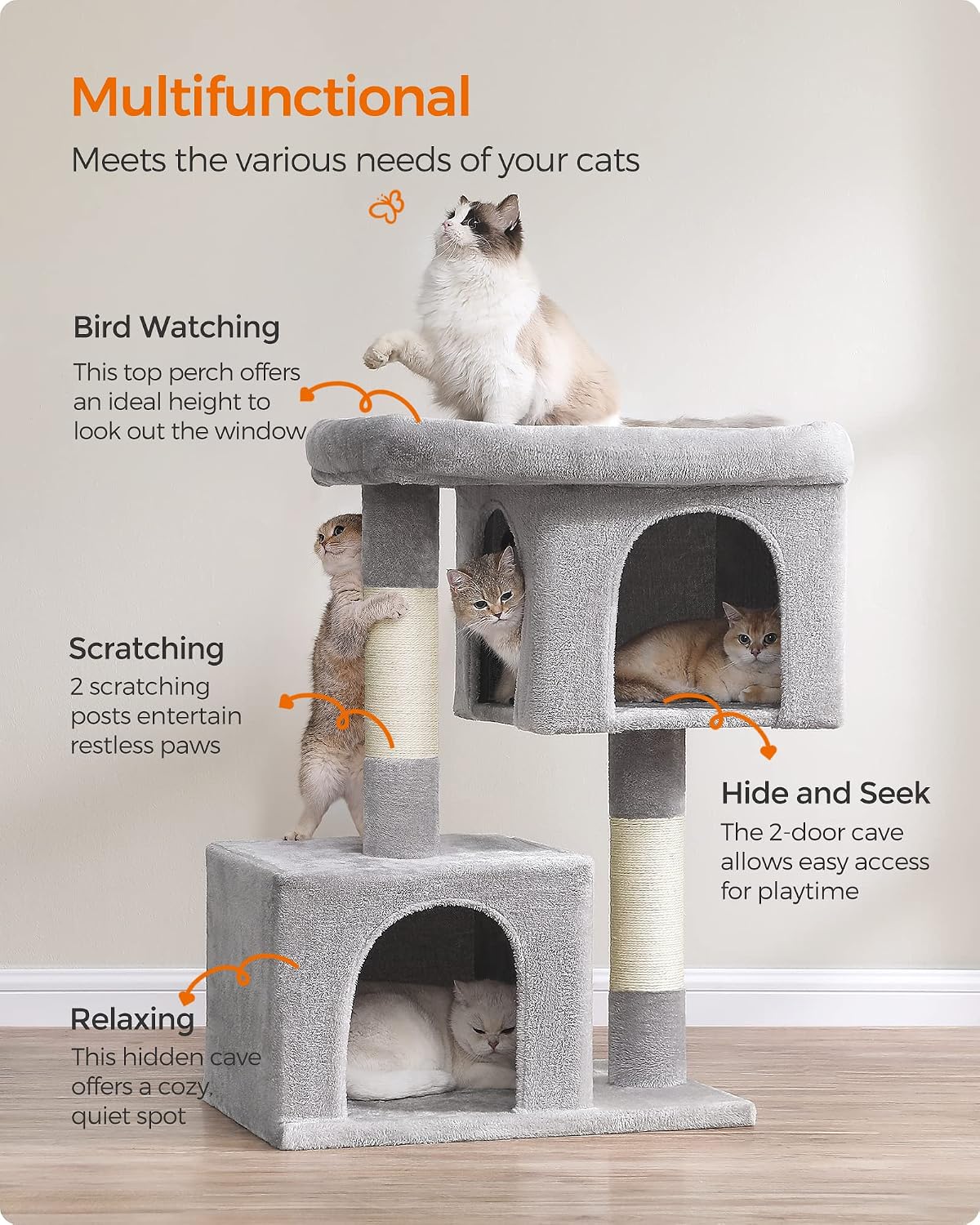 Detalle 2 de Feandrea UPCT614W01 Cat Tree, 40.6-Inch Tower with Sisal Posts and Two Caves