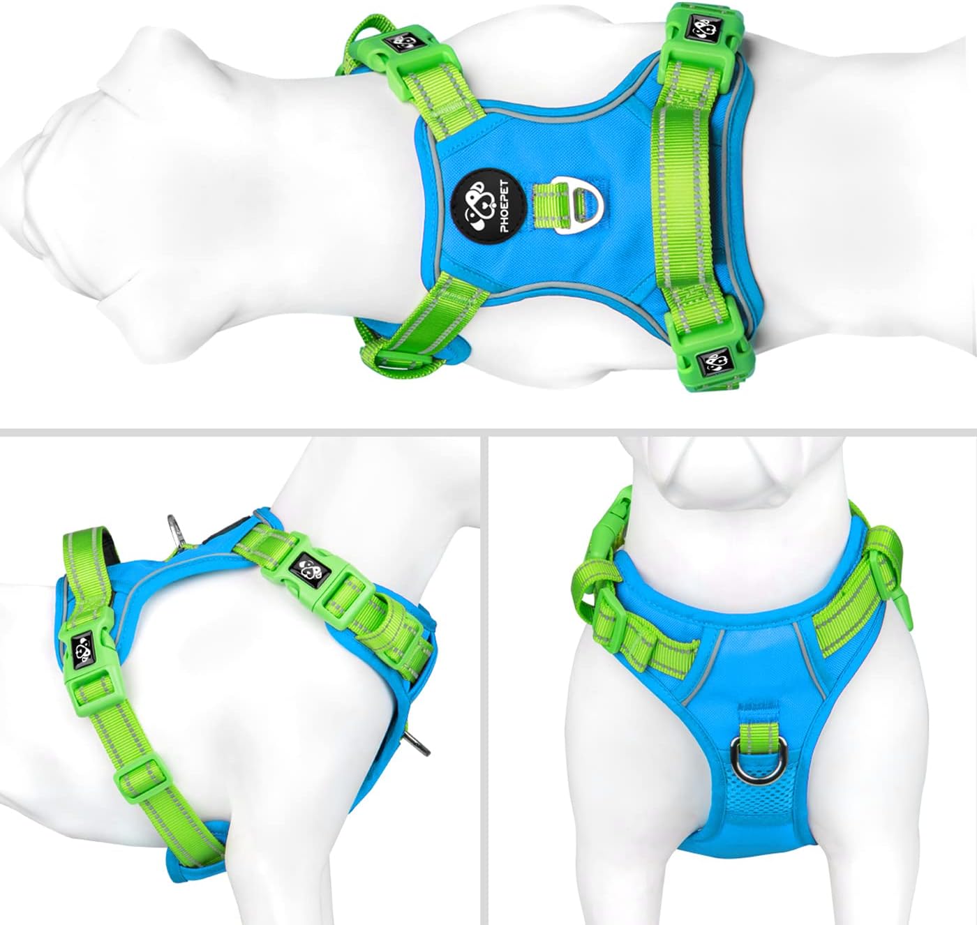 Thumbnail 1 de PHOEPET Dog Harness No Pull – Escape Proof adjustable reflective vest with front training clip, padded control handle (Blue/Green, S)
