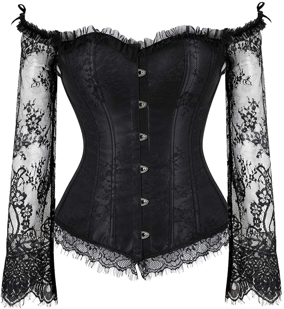 Detalle de SZIVYSHI Women's Off-Shoulder Lace Sleeve Corset Top with Adjustable Back Lacing