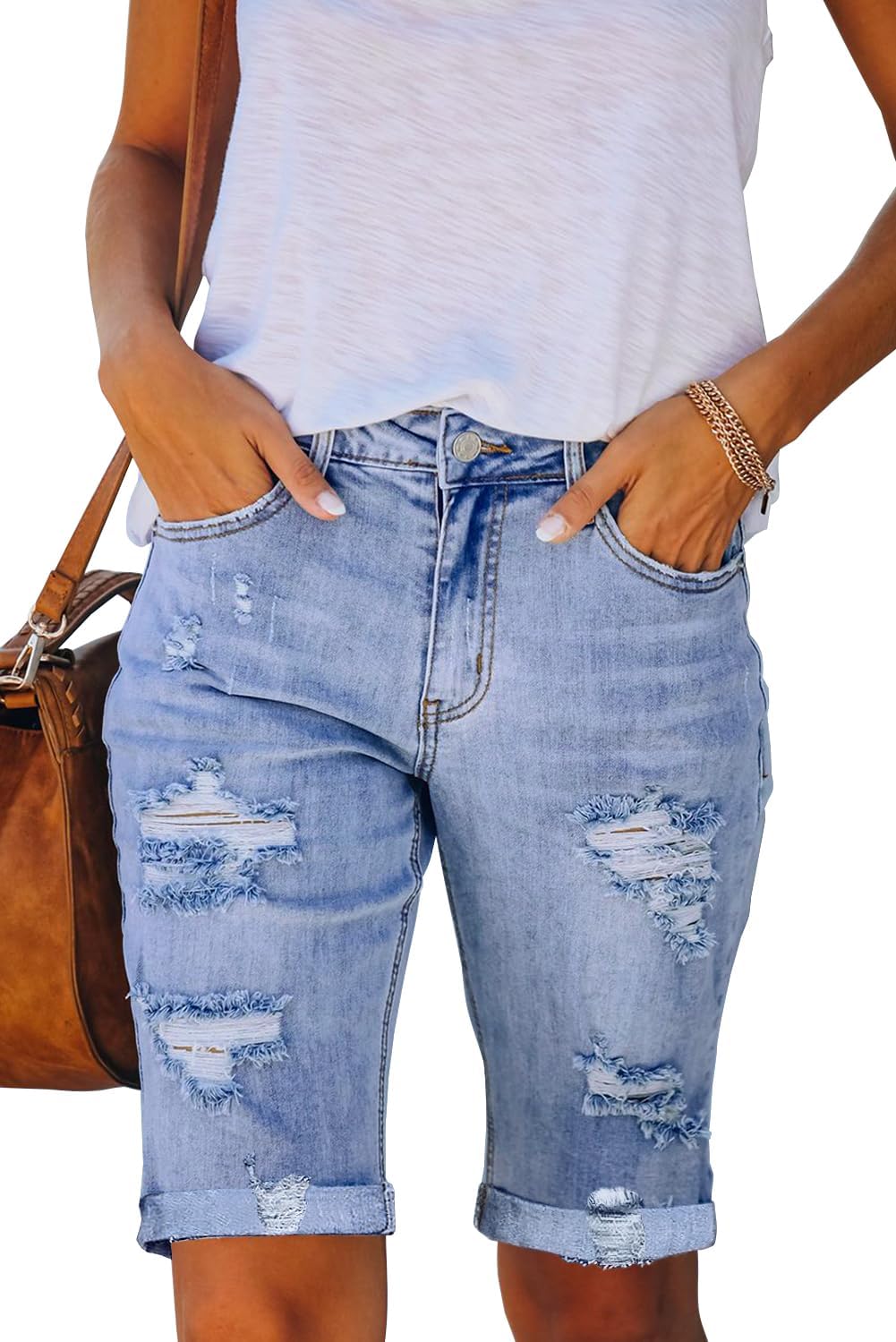 Thumbnail 5 de Necooer Damen Sommer Denim Shorts – Loose Fit, Zerrissene Jeans mit aufgerolltem Saum (S, 09-Blau)