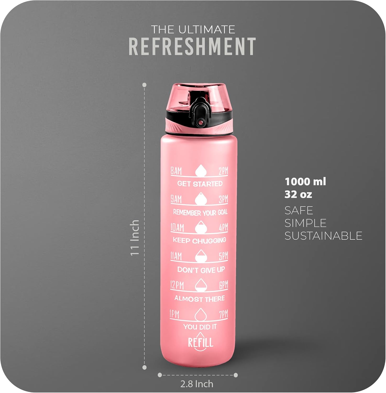 Thumbnail 3 de Roe Tenpo 1L Water Bottle – BPA-Free, Leak-Proof with Time Markings (Pink) for Running, Gym and Outdoors