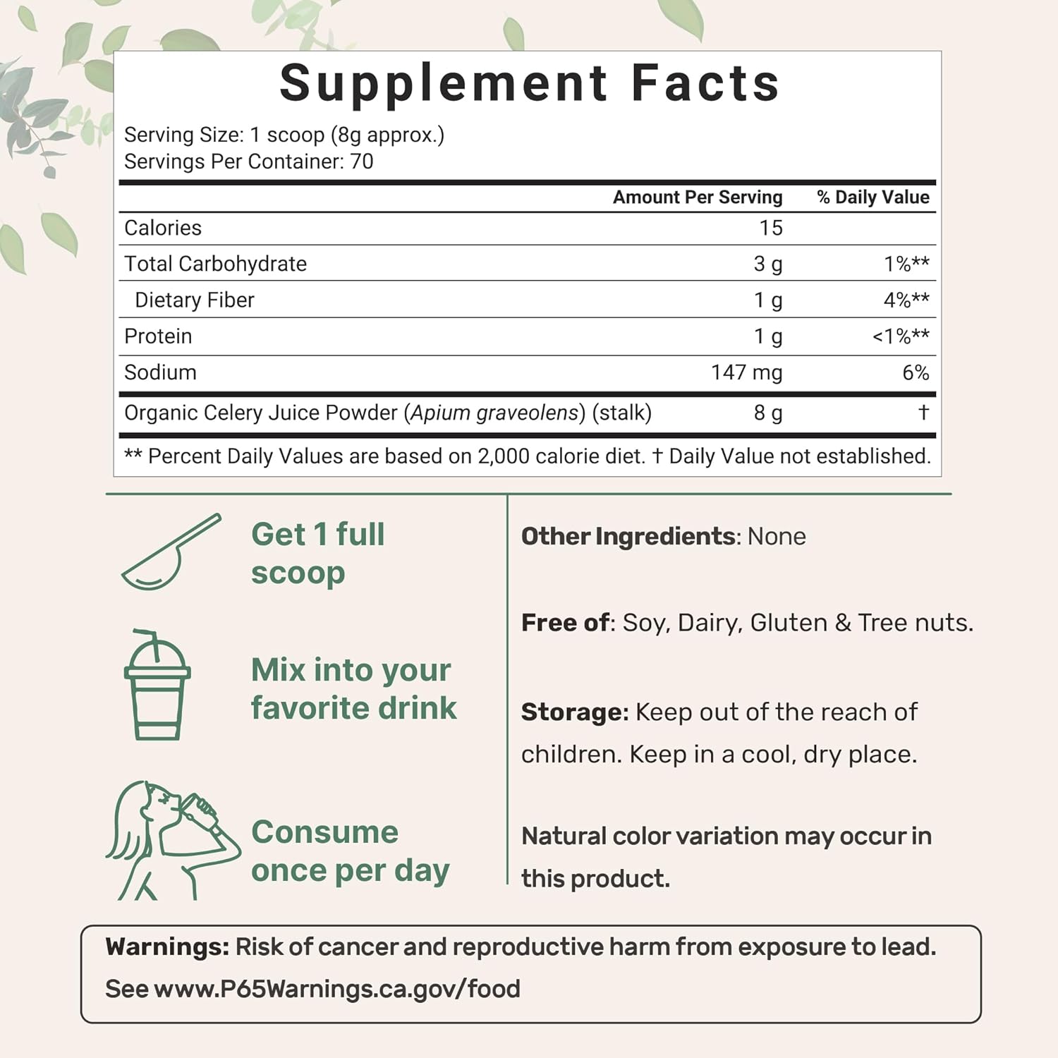 Detalle de Micro Ingredients CE001 Organic Celery Juice Powder, Cold-Pressed, 20 oz, 70 Servings