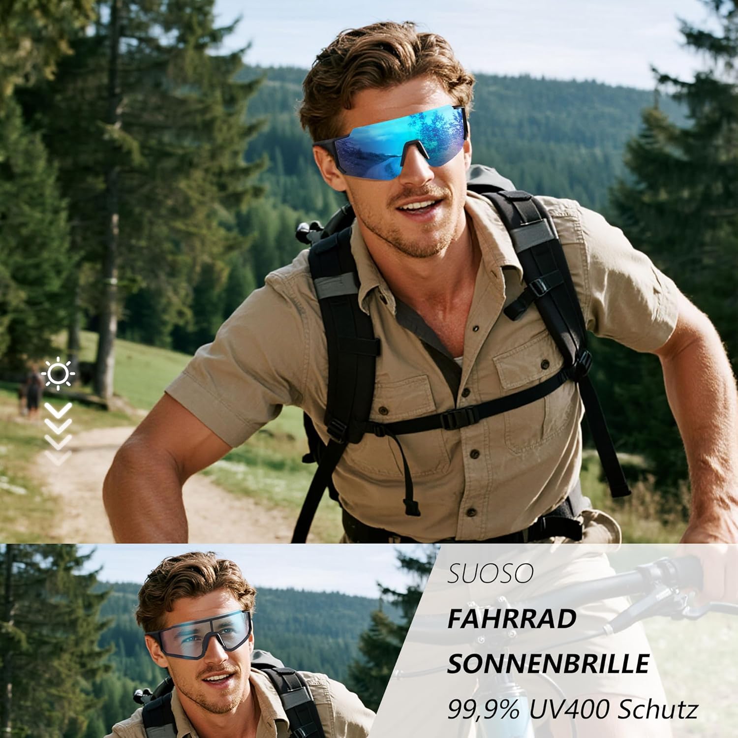 Detalle de suoso Sportbrille mit selbsttönenden Gläsern (UV400) für Radfahren, Angeln & Ski