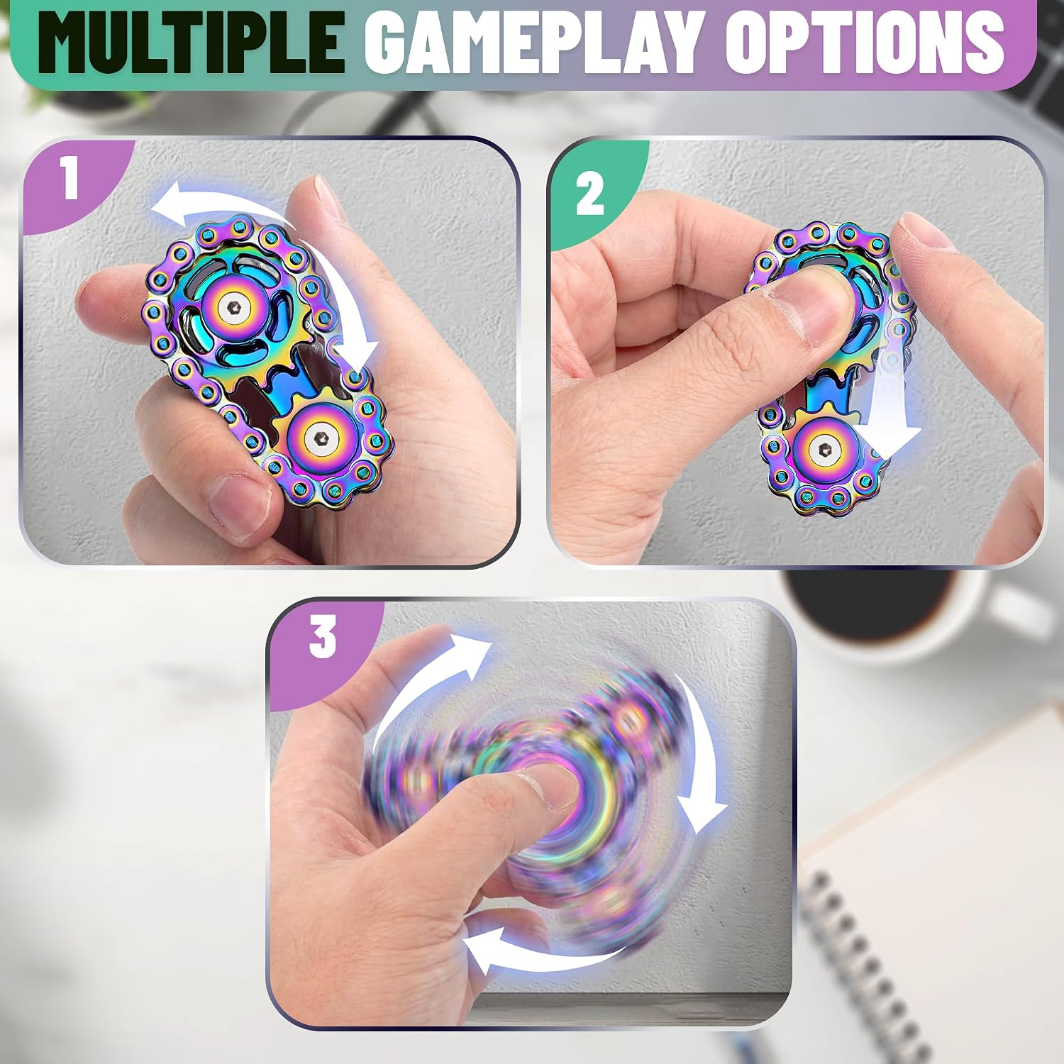 Detalle 1 de Chilvil Metal Bike Chain Fidget Spinner Set, 2-Pack, Rainbow and Silver