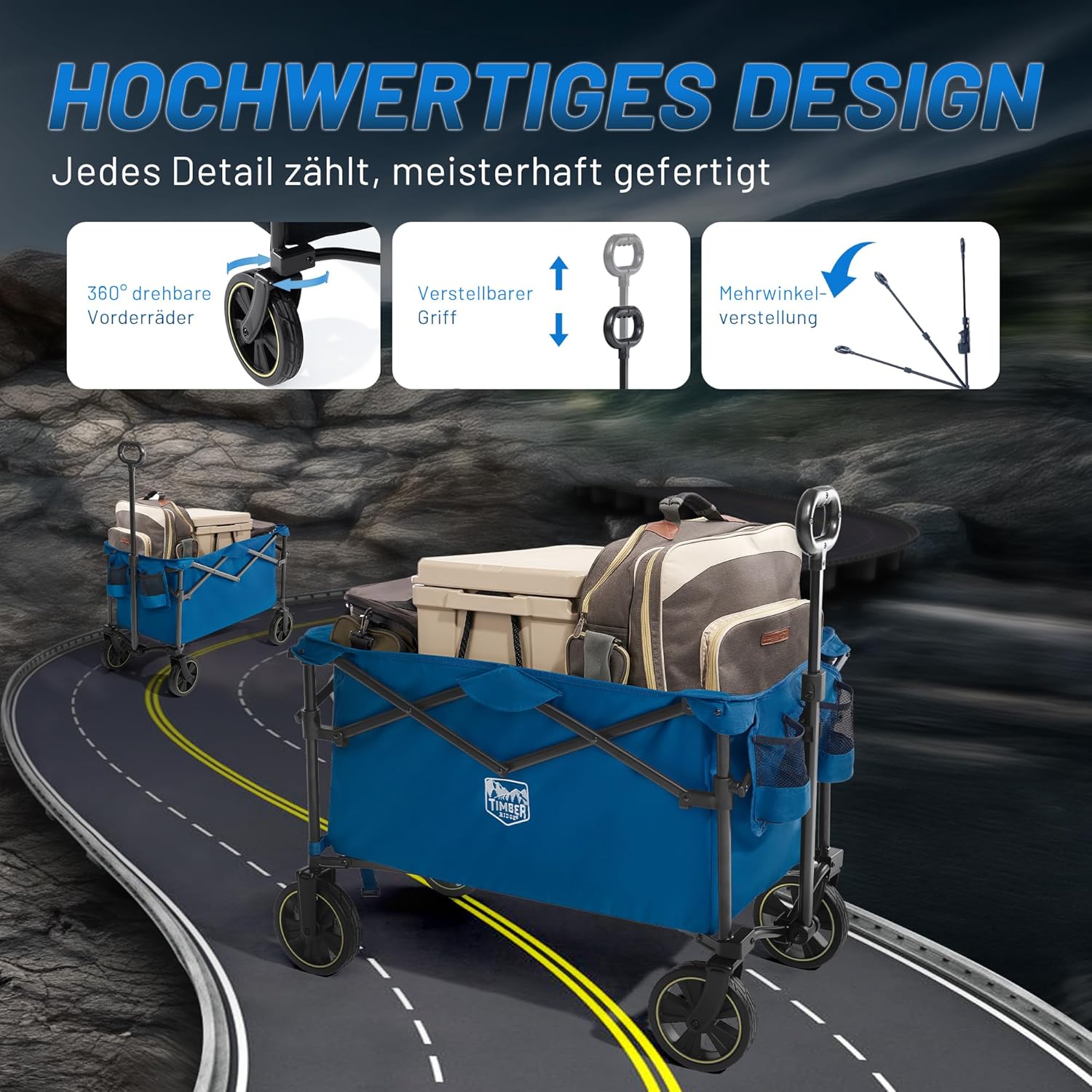 Thumbnail 3 de TIMBER RIDGE Bollerwagen faltbar 200L mit Getränkehalter, verstellbarem Griff und 100 kg Traglast