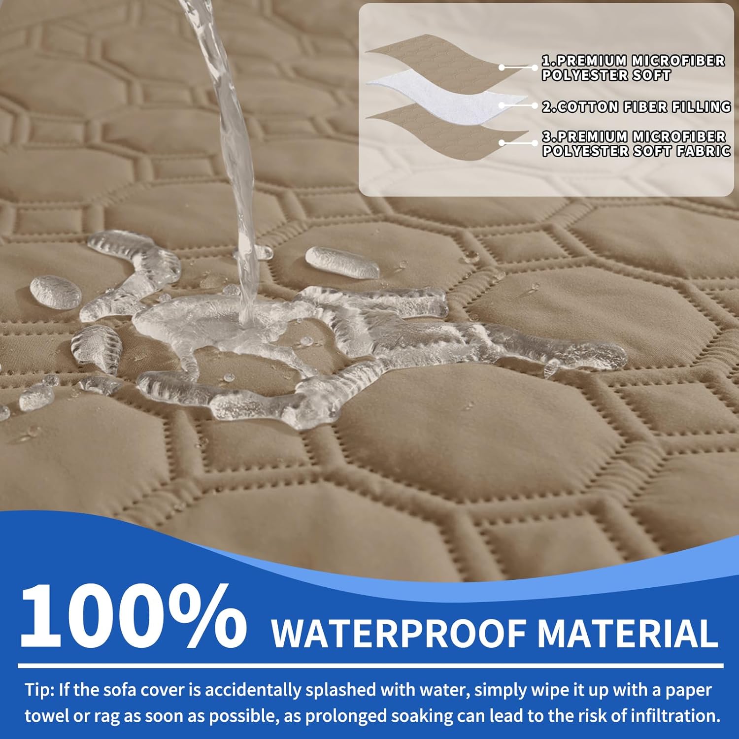 Thumbnail 3 de Ystyle Housse de canapé imperméable 2 places avec accoudoirs, kaki – protection antidérapante et poches latérales