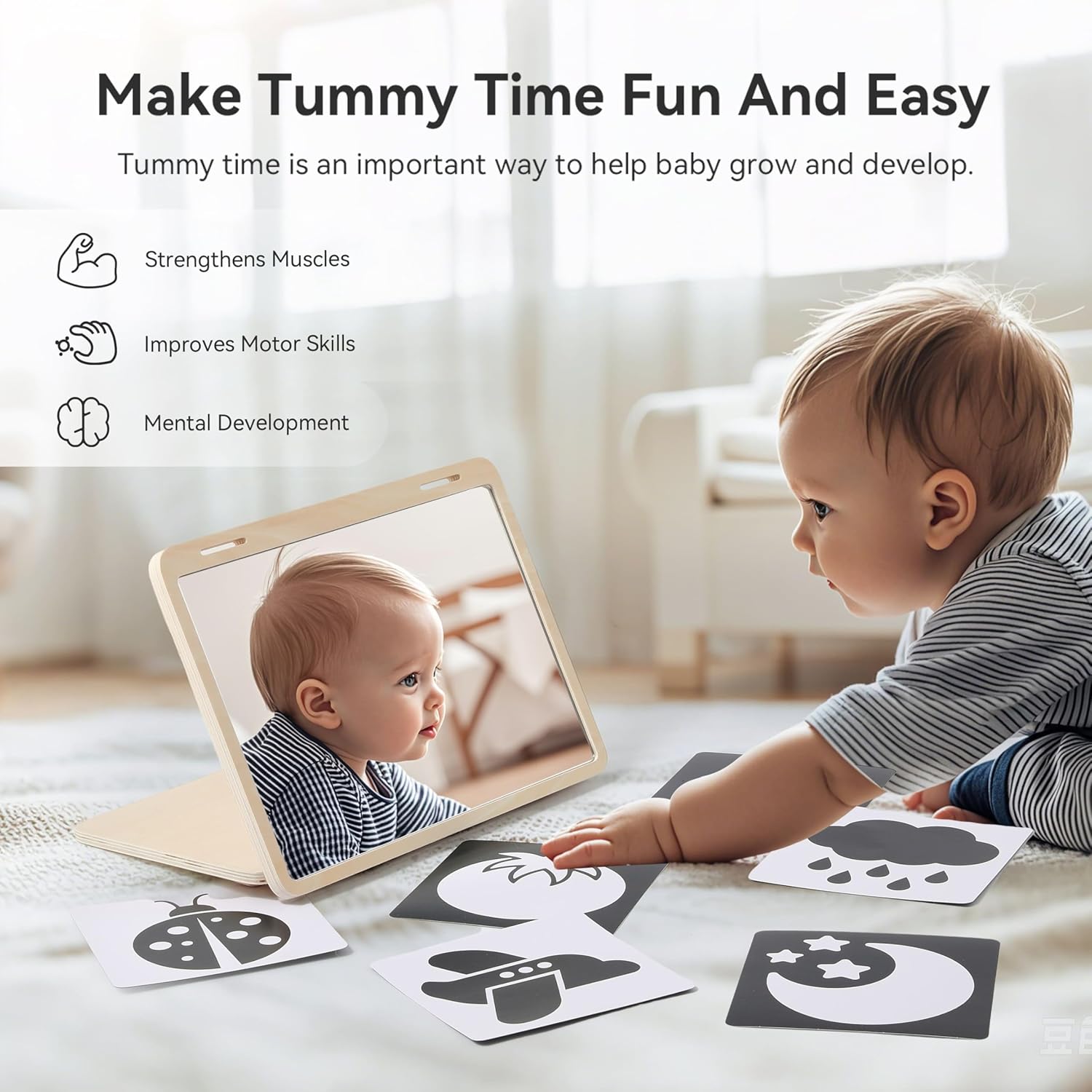 Thumbnail 1 de IEATFO Tummy Time Play Set: Adjustable Mirror, Double-Sided Cards & Montessori-Style Stand