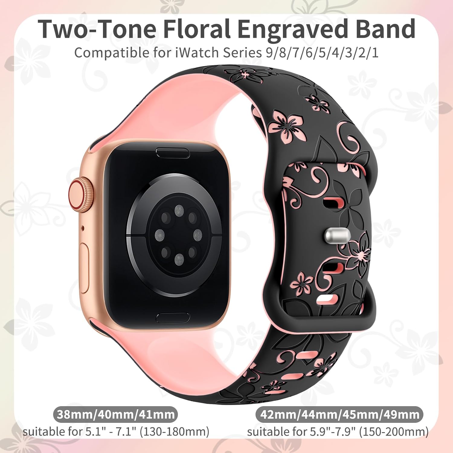 Thumbnail 3 de Floral Engraved Silicone Strap for Apple Watch (38–49mm): Two-Tone Floral Band for Women
