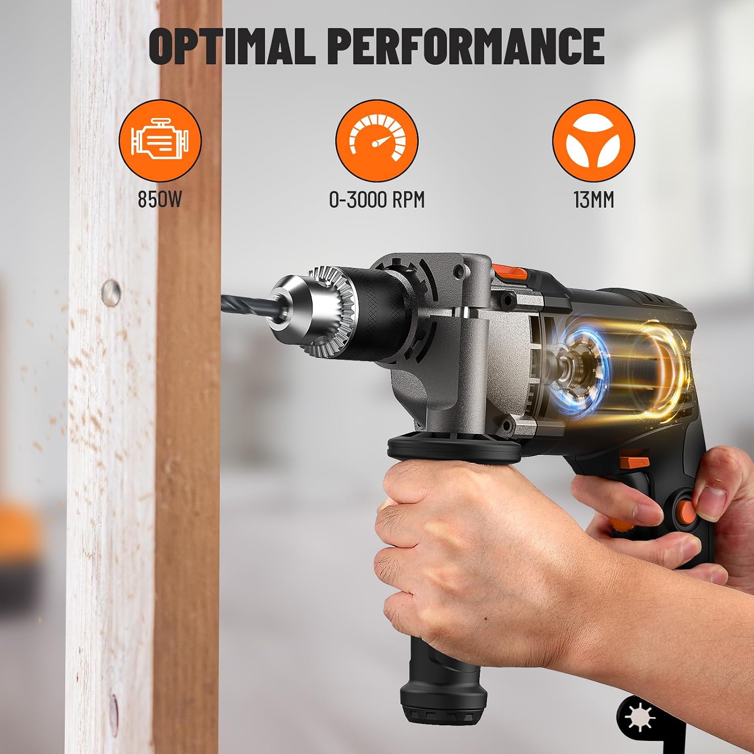 Detalle 2 de DOVAMAN 850W Hammer Drill (corded) with 13mm metal chuck, variable speed up to 3000RPM & 15-piece bit set