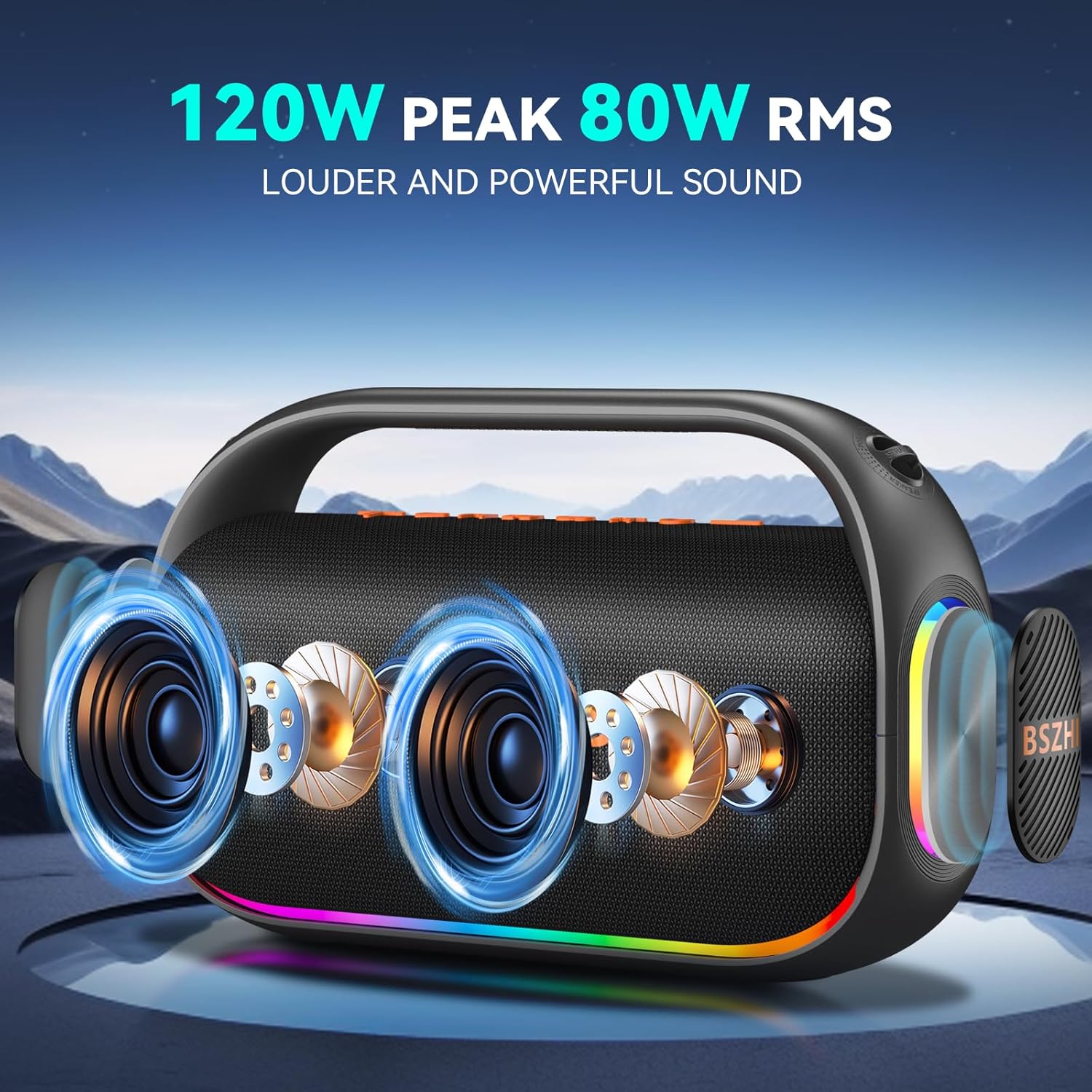 Detalle 2 de A62 Portable Bluetooth Speaker: 120W Peak, IPX6, Dual 4-Inch Drivers with TWS and LED Lights