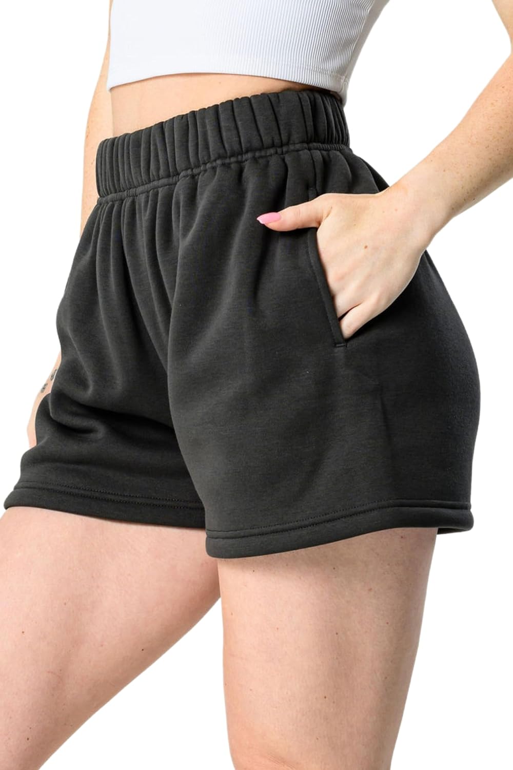 Detalle de Kamo Fitness CozyTec Sweat Shorts for Women — High-Waisted Lounge Cotton Shorts with Pockets