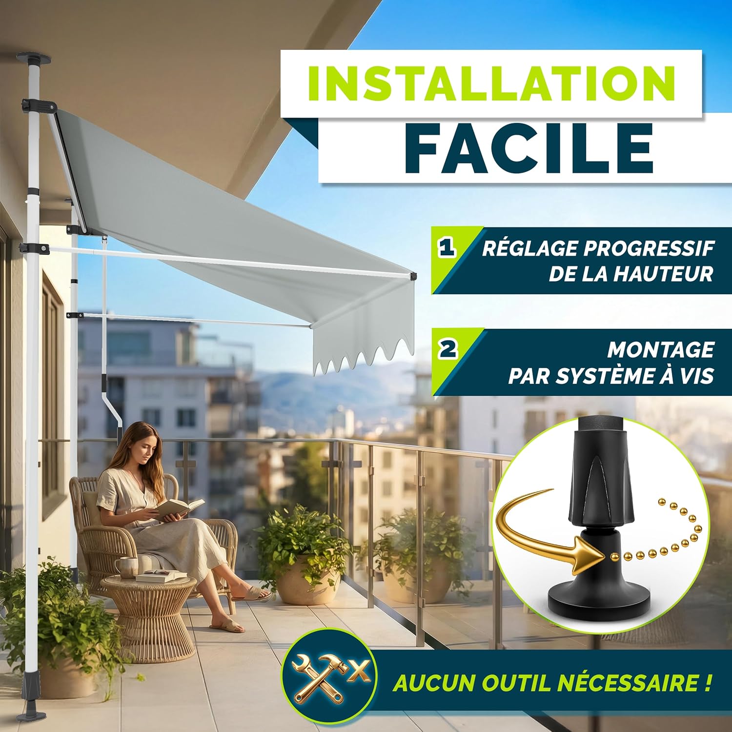 Thumbnail 2 de tillvex Store Banne Manuel rétractable avec manivelle pour Balcon – Marquise de terrasse Gris clair 150 cm
