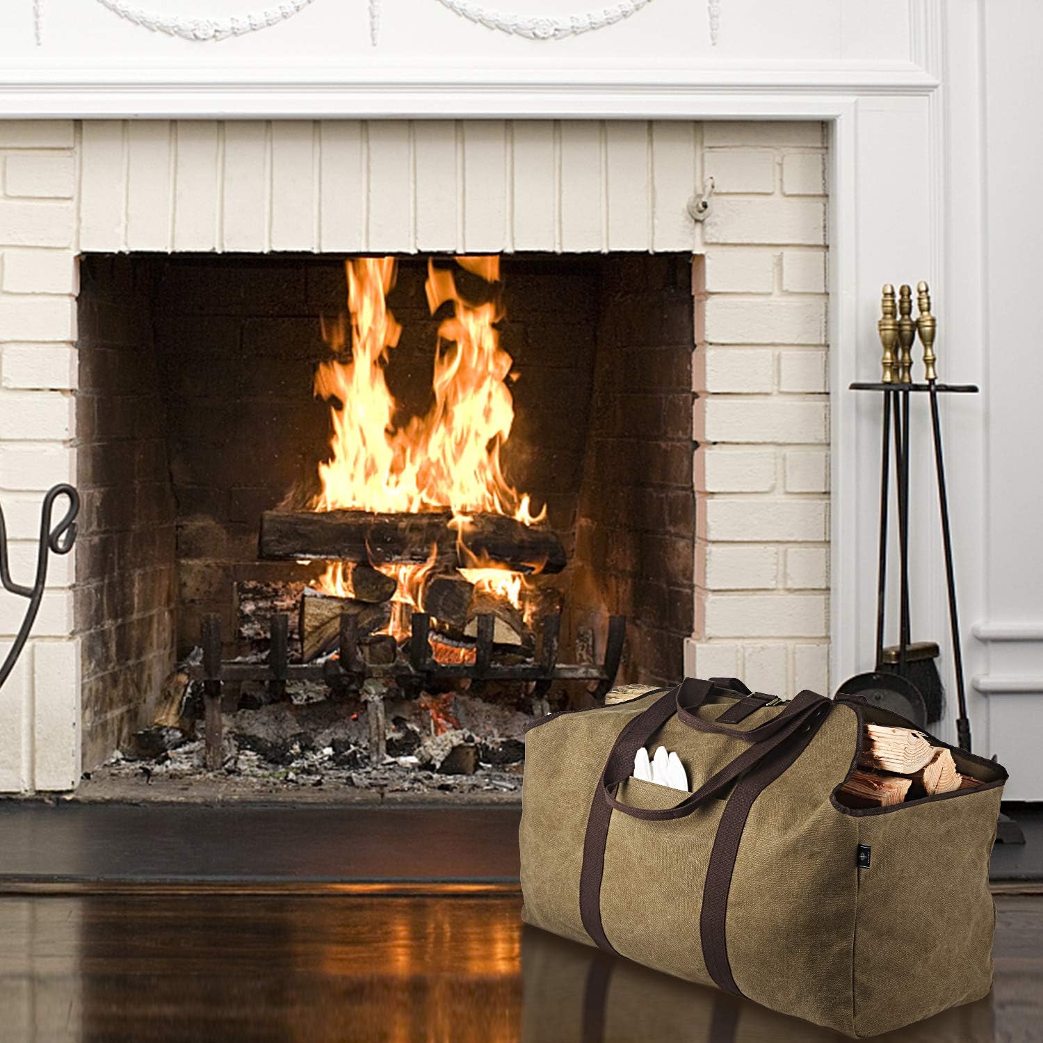 Detalle de BONTHEE Log Carrier Felt Bag with Wooden Handles (Grey) – Fireplace Wood Tote for Indoor Storage