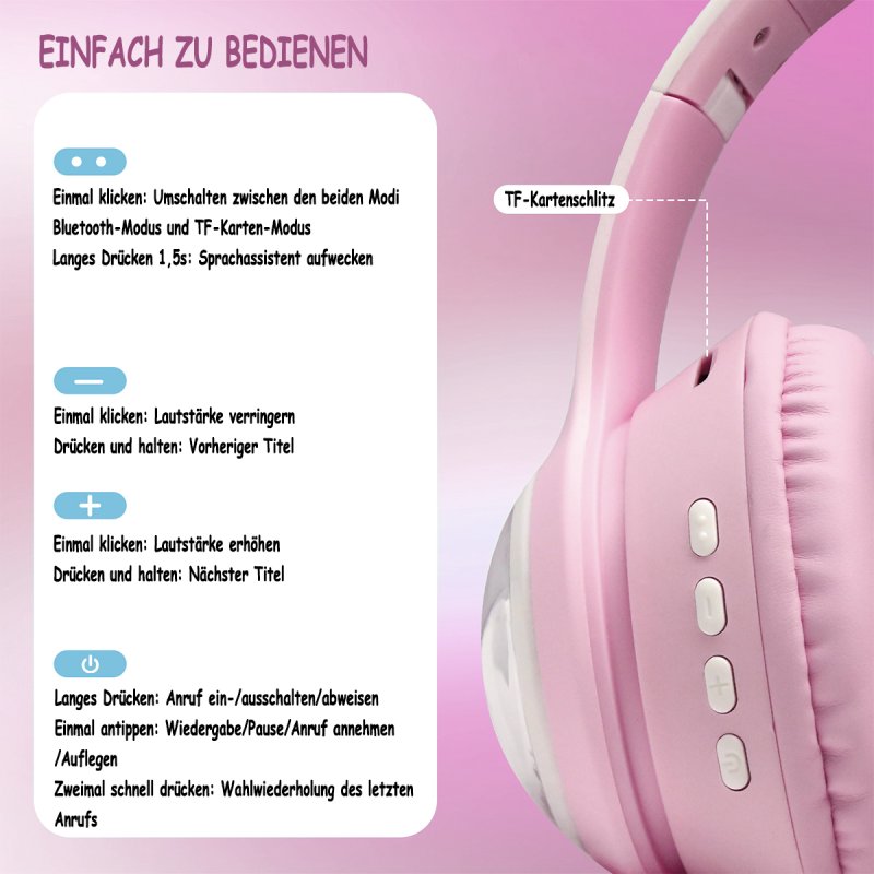 Detalle 2 de Kinsi AKZ-02 Auriculares inalámbricos orejas de gato RGB