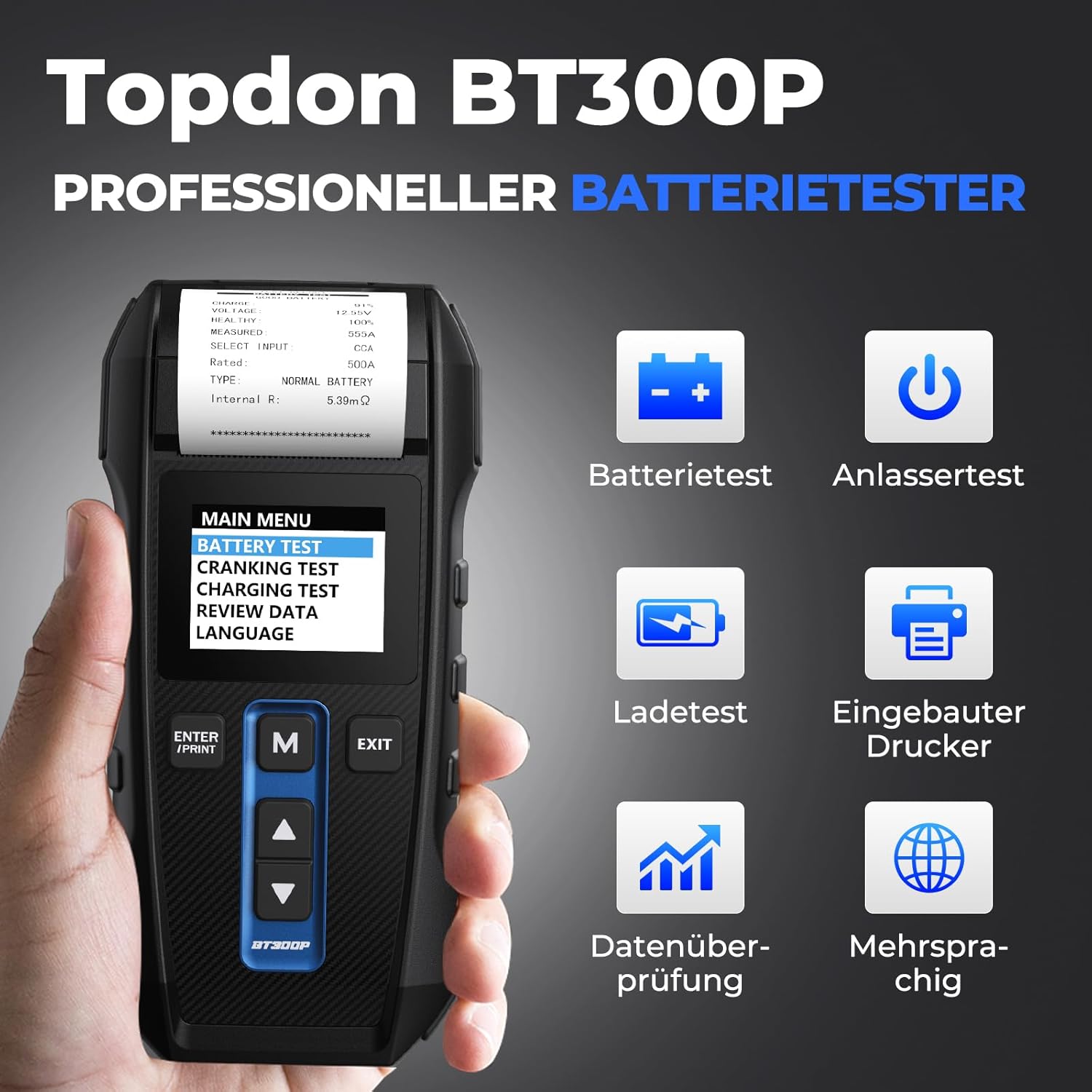 Detalle 2 de TOPDON BT300P Batterietester für 12V/24V mit integrierter Drucker-Funktion (100–2000 CCA)