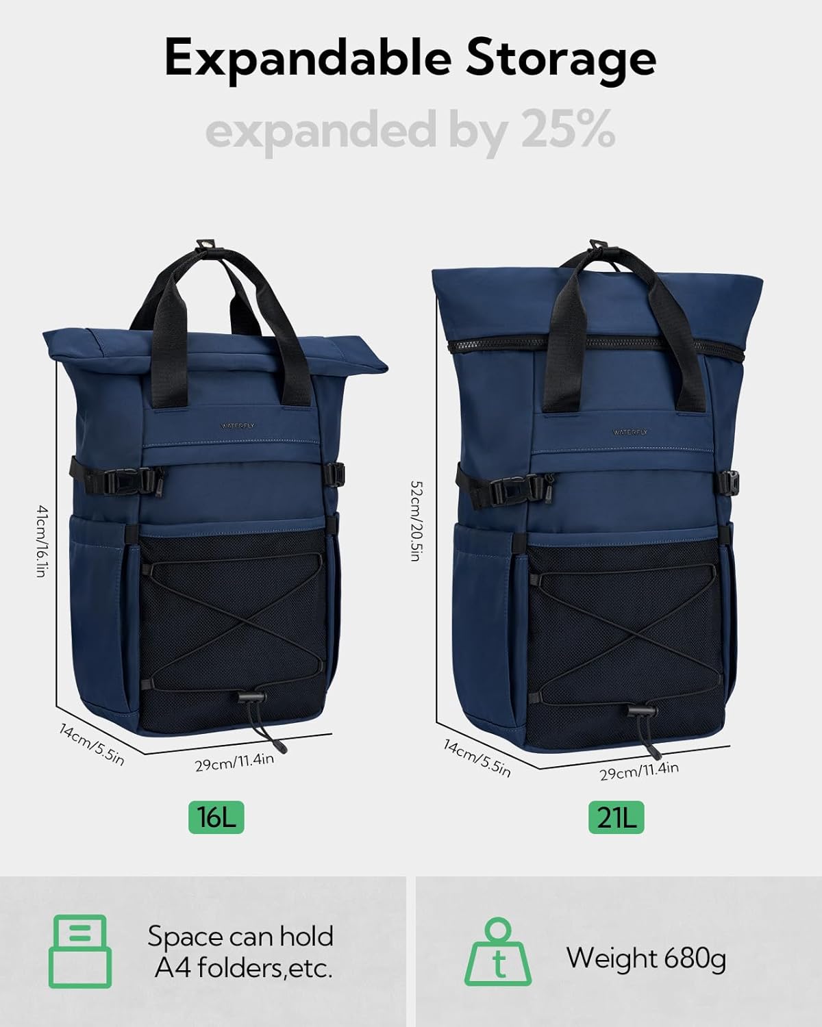 Detalle de WATERFLY Rolltop Rucksack Unisex (16L–21L) mit 16-Zoll-Laptopfach – Rollrucksack für Schule, Uni & Reisen