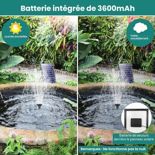 Thumbnail 7 de Biling Fontaine Solaire Extérieure 8 W avec Batterie 3600 mAh − Pompe pour Bassin et Filtre Flottant en ABS