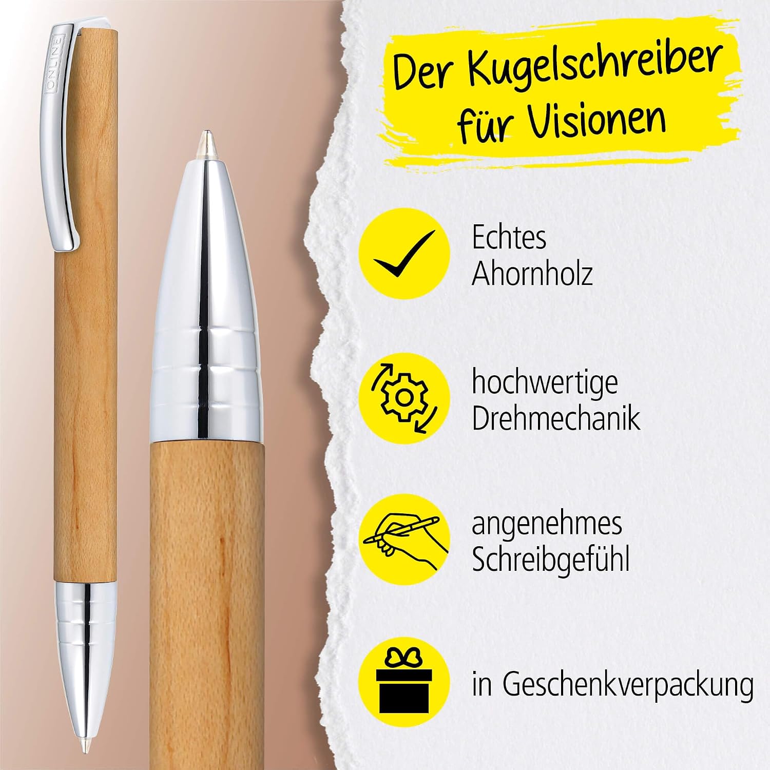 Detalle de ONLINE Kugelschreiber Vision Nature Maple I Drehkugelschreiber aus Holz & Metall in Geschenkbox, Mine G2, Strichstärke M (schwarz)