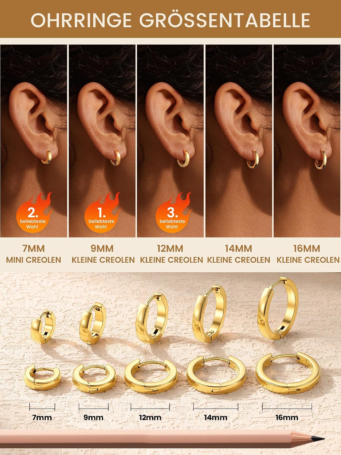 Detalle de GoldChic Ohrringe Damen Creolen 7–16 mm Edelstahl – kleine Huggie Creolen, silber/gold/schwarz