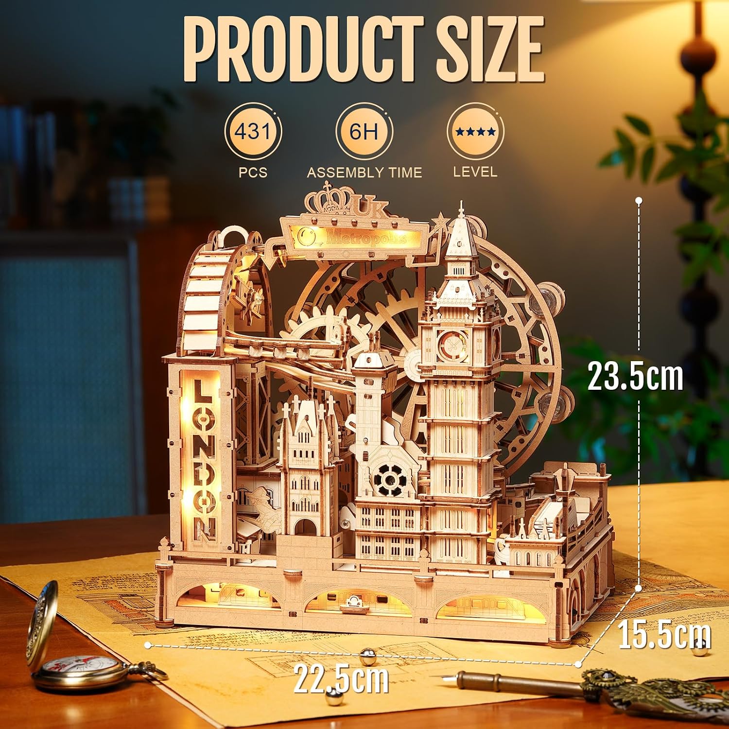 Detalle 2 de ROKR Marble Travel London EGB01 3D Wooden Marble Run Puzzle Kit with LED