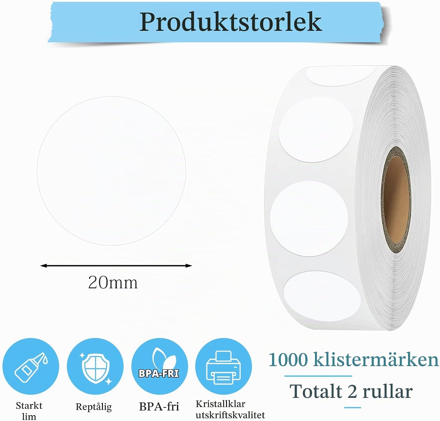 Detalle 2 de Vicloon runda självhäftande etiketter, 20 mm, vita, 2 000-pack