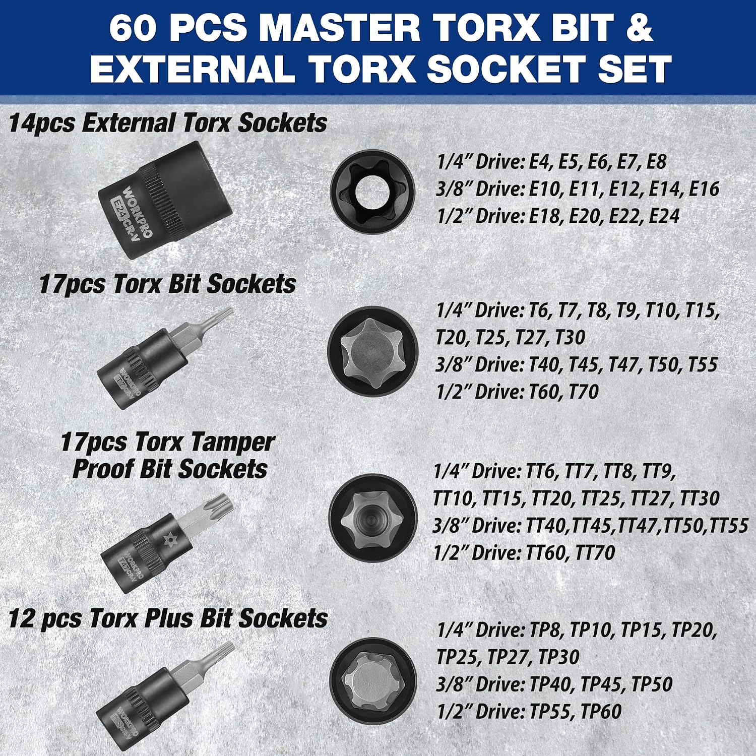 Detalle 2 de WORKPRO 60-Piece Master Torx Bit Socket Set 60pc