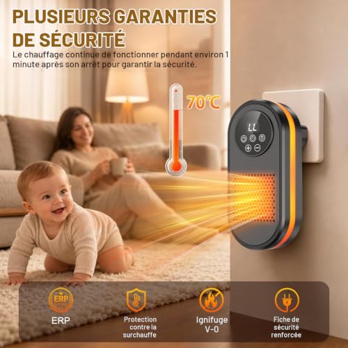 Detalle 2 de Cakoai chauffage d’appoint mural céramique 1 200 W, 2 modes et minuterie