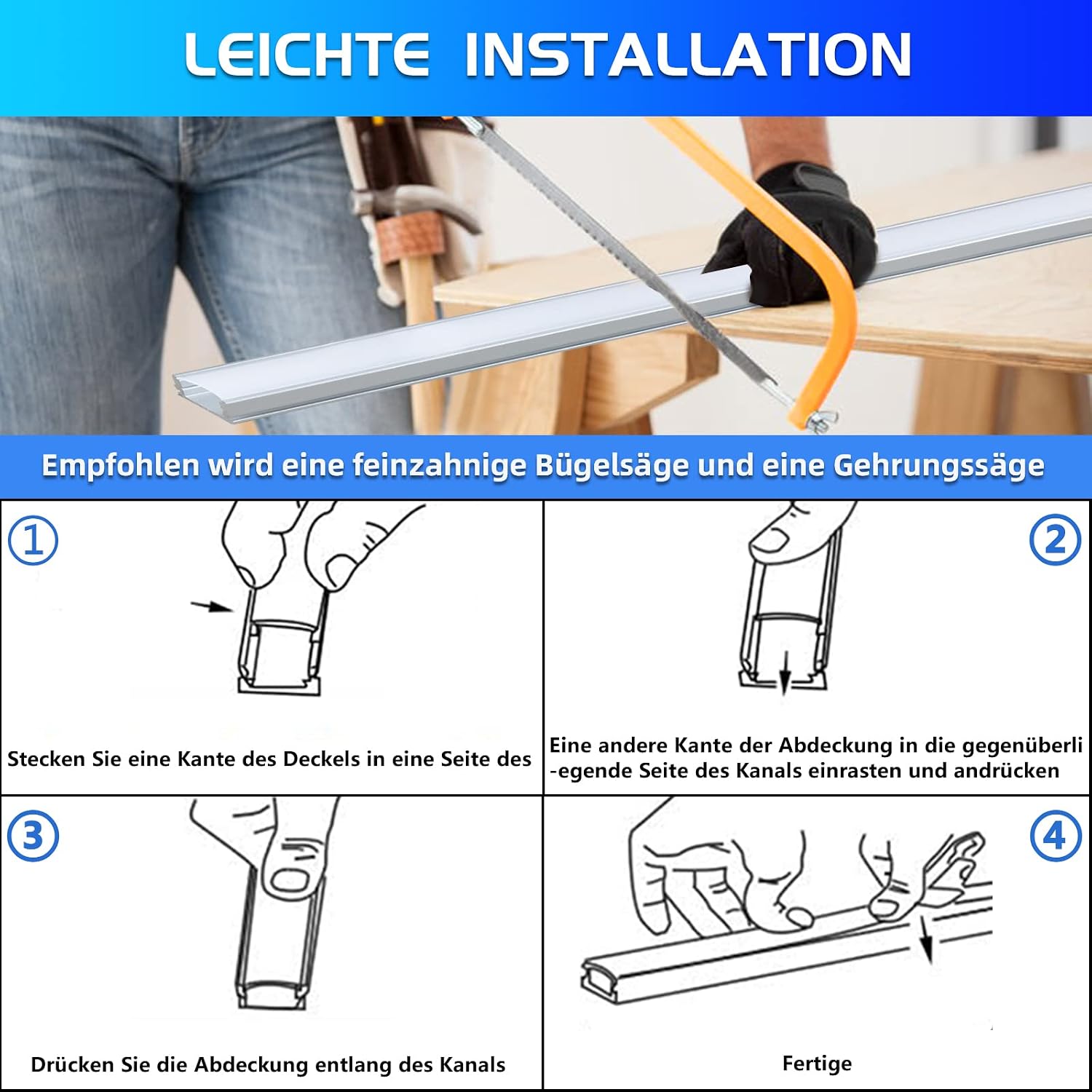 Thumbnail 5 de 20er-Set LED-Profil Aluminium (U-Form) 20 x 1 m mit milchiger Abdeckung – für LED-Strips