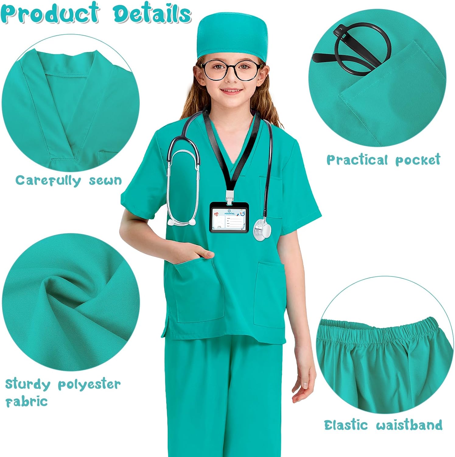 Detalle de Wuclad 7-Piece Kids Doctor Costume with Scrubs and Working Stethoscope