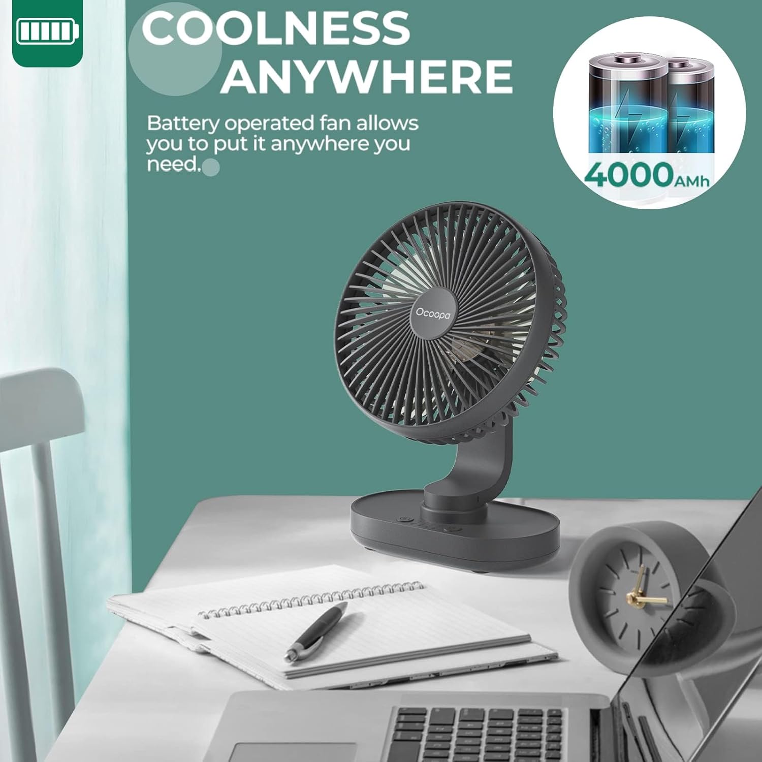 Detalle de OCOOPA Ventilatore da Tavolo USB Silenzioso con Oscillazione e Batteria 4000 mAh